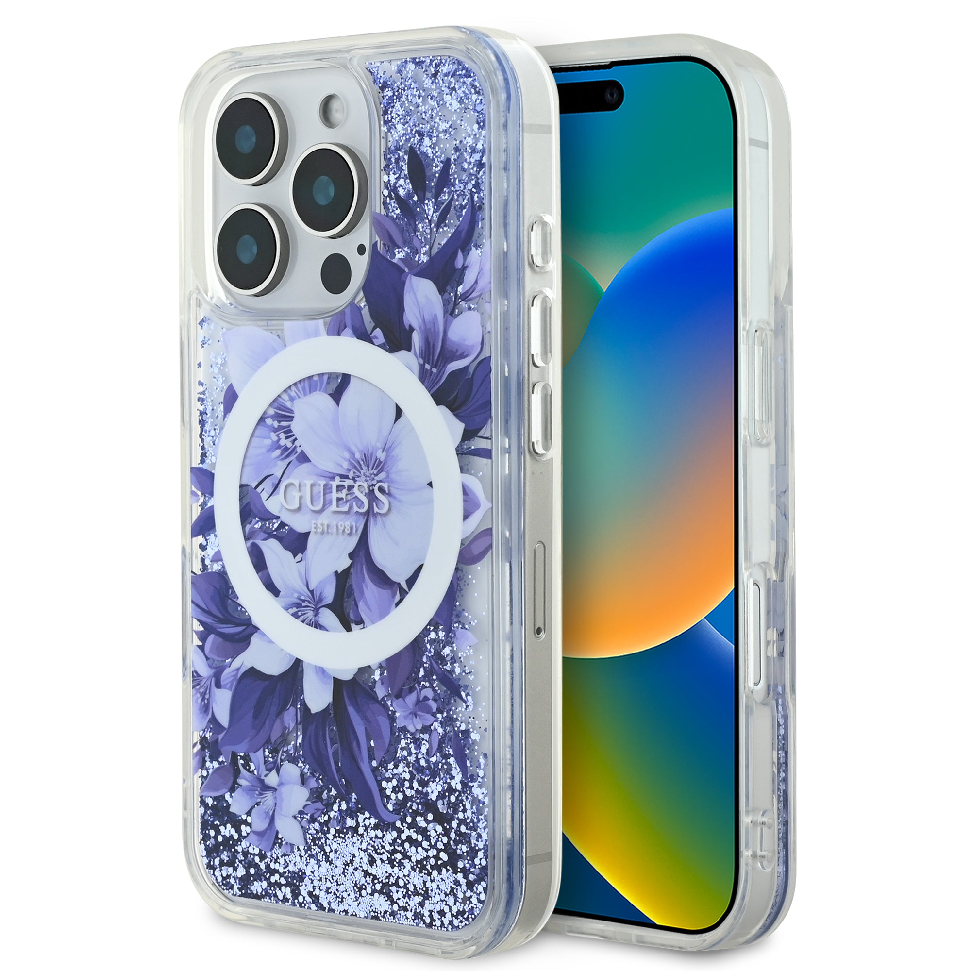 Guess Magsafe “Liquid Glitter Flower" Hard Case Θήκη προστασίας από σκληρό πλαστικό – iPhone 16 Max (Μωβ – GUHMP16XLFMWTU) – PhoneBazaar