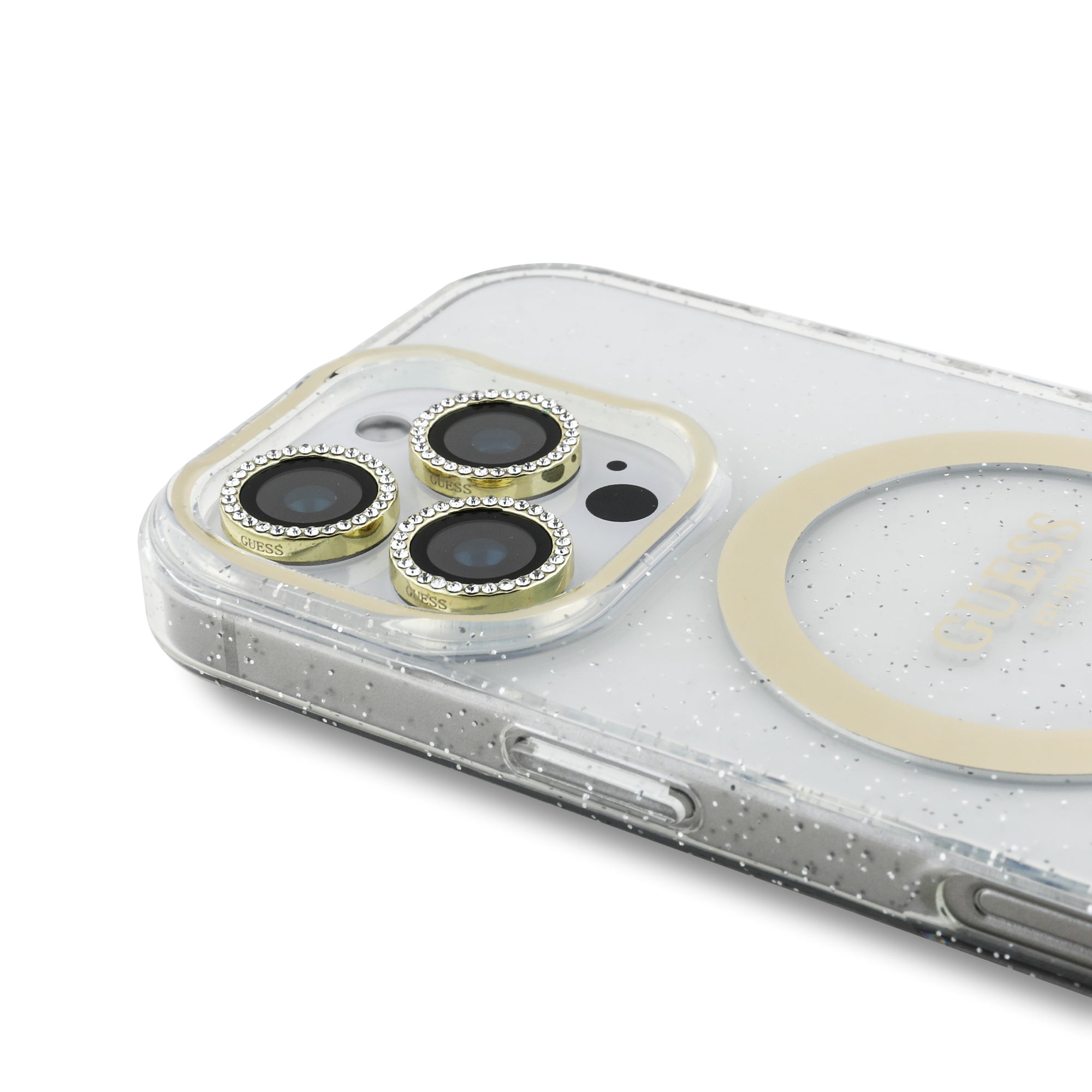 Guess IML Magsafe Case “Rhinestone Gold Lens + Screen” Θήκη προστασίας από σκληρό πλαστικό – iPhone 16 Pro (Clear/Glitter – GUOBPLTP16LHCMCGT)