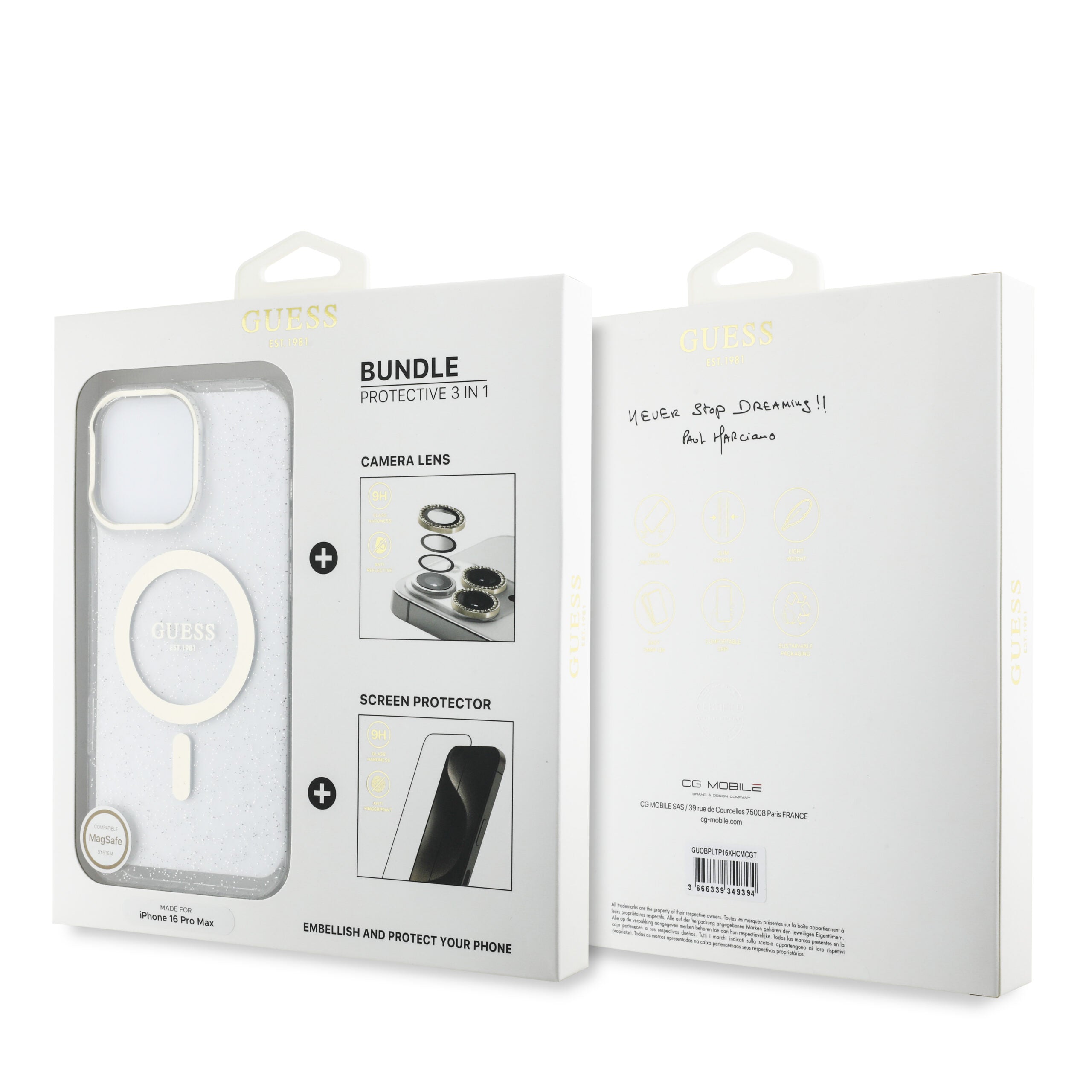 Guess IML Magsafe Case “Rhinestone Gold Lens + Screen” Θήκη προστασίας από σκληρό πλαστικό – iPhone 16 Pro Max (Clear/Glitter – GUOBPLTP16XHCMCGT) – PhoneBazaar