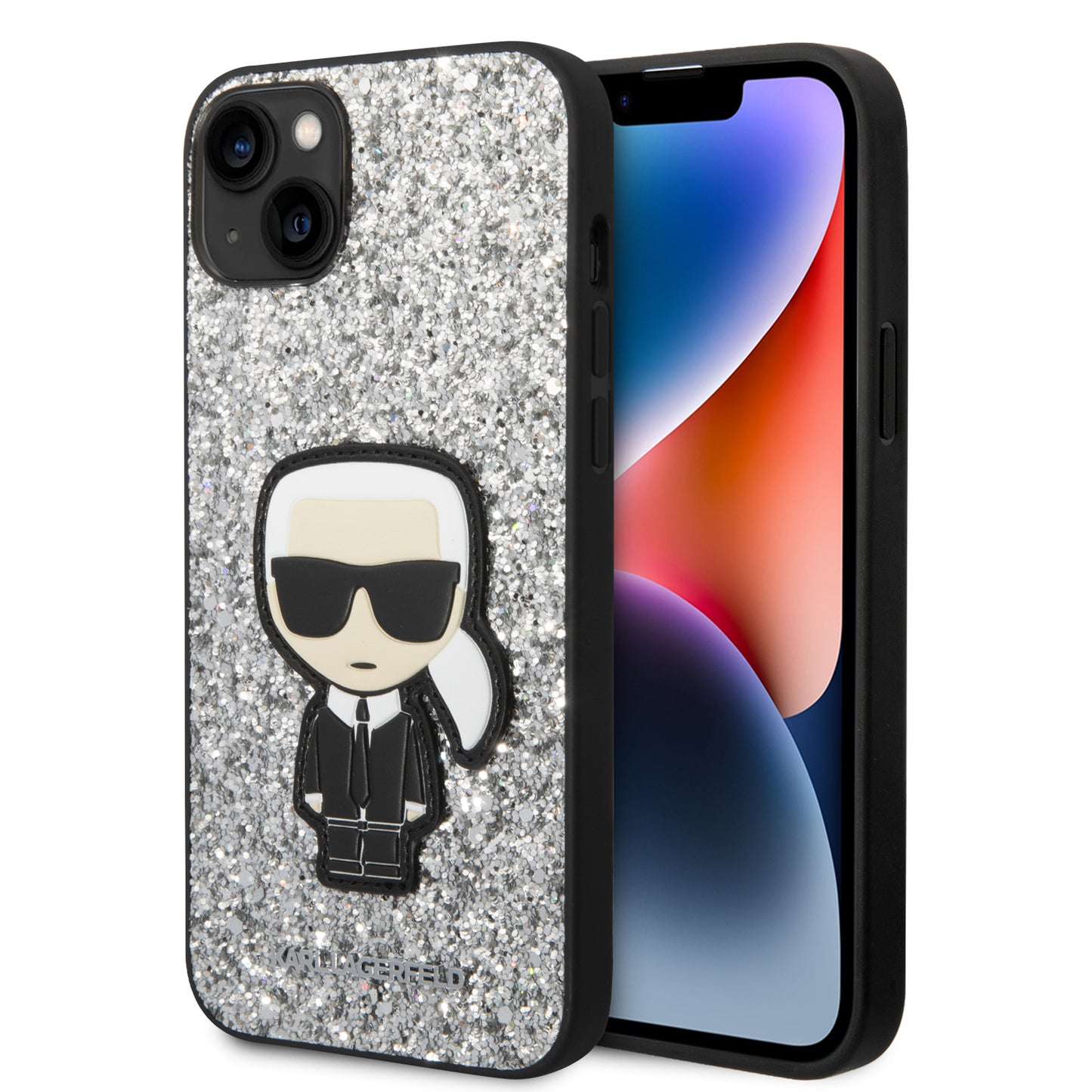 Karl Lagerfeld Glitter Flakes Case With Ikonik Patch And Metal Logo Θήκη Προστασίας Από Σιλικόνη – Iphone 14 Plus (Glitter Silver) – Θήκη για κινητό από το PhoneBazaar.gr