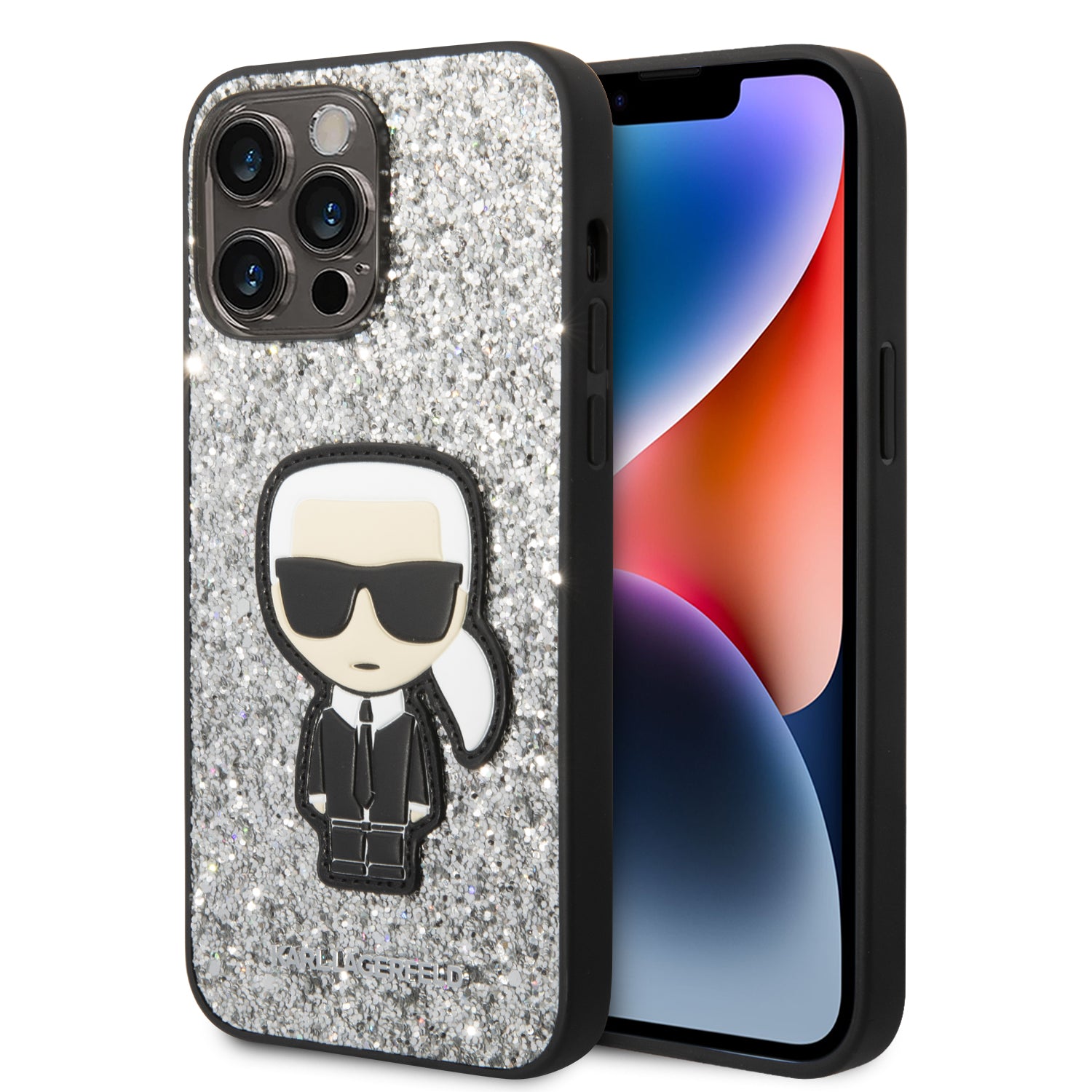 Karl Lagerfeld Glitter Flakes Case with Ikonik Patch and Metal Logo Θήκη προστασίας από σιλικόνη – iPhone 14 Pro Max (Glitter Silver) – PhoneBazaar