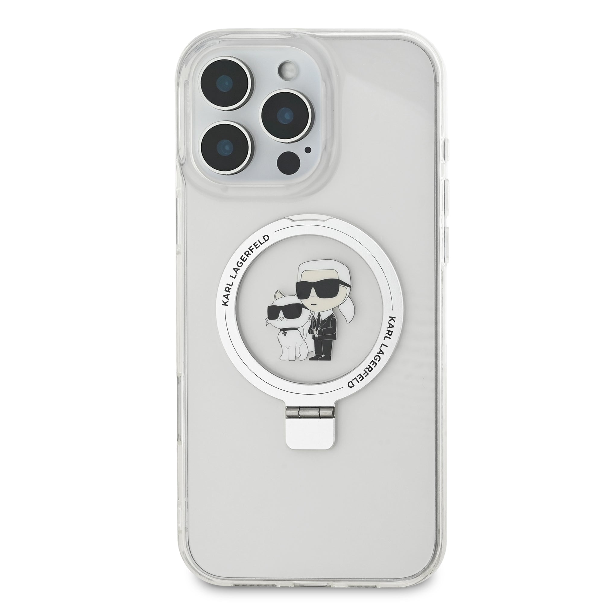 Karl Lagerfeld Magsafe Ringstand Case “Karl + Choupette's Head” Θήκη προστασίας από σκληρό πλαστικό για iPhone 16 Pro (Διάφανη – KLHMP16LHMRSKCH)