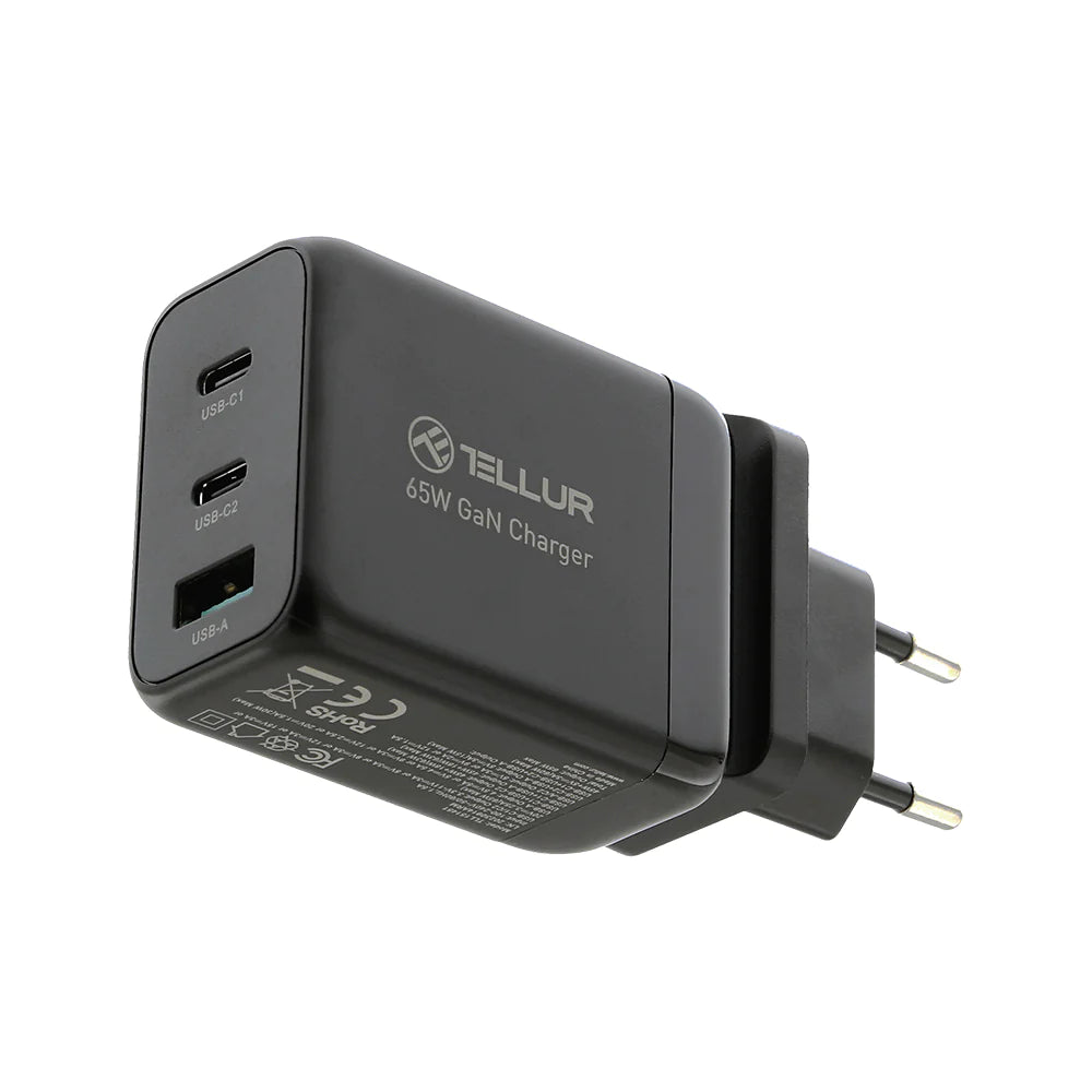 Tellur GaN 65W 3-port wall charger, 2xUSB-C + USB-A, EU, UK, US- Φορτιστής Τοίχου 3 θυρών σε μαύρο χρώμα