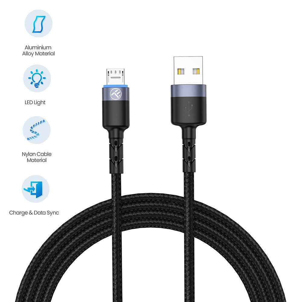 Tellur - Micro USB Cable 3A - Black - Καλώδιο δεδομένων USB σε Micro USB με φως LED, 1,2 μέτρα