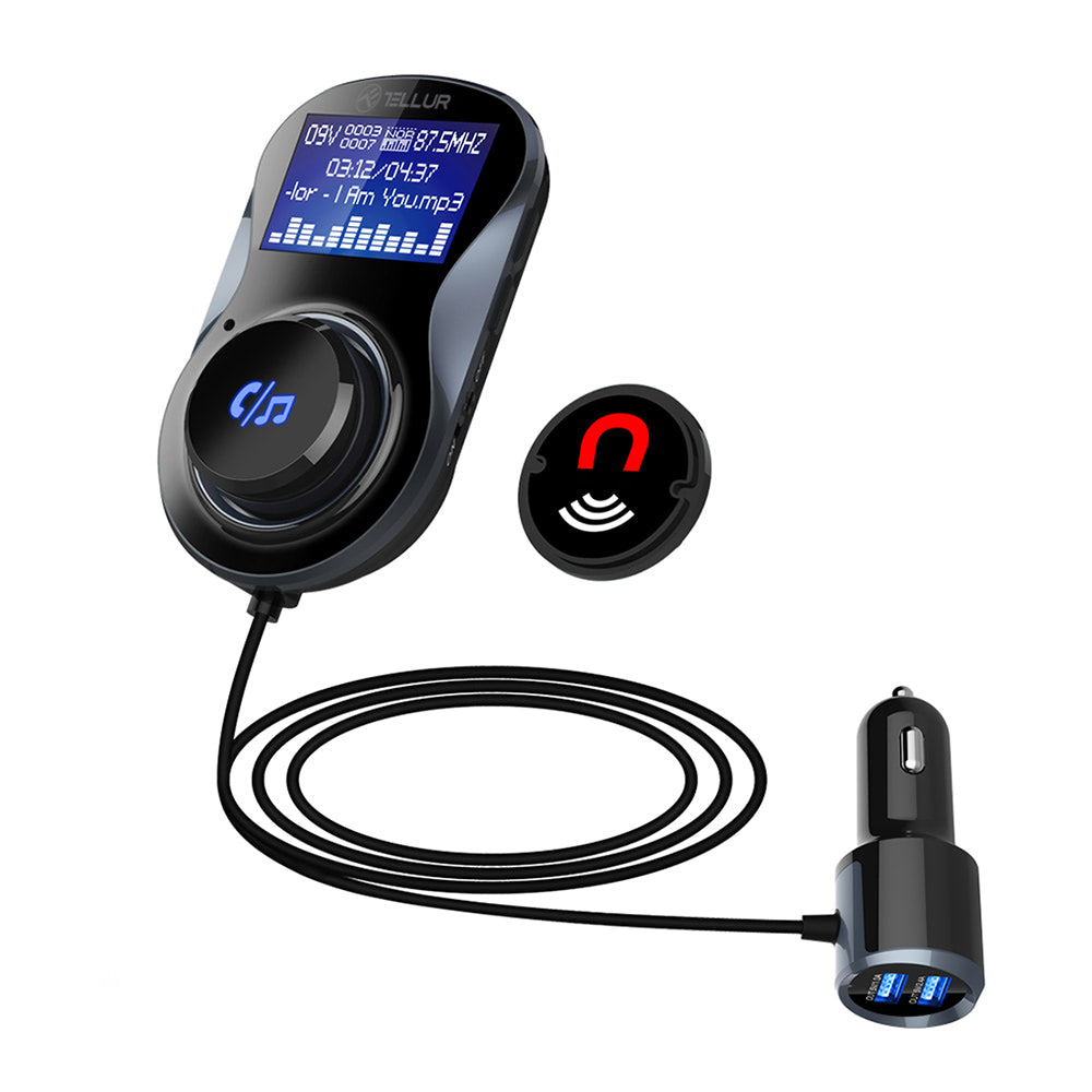 Το Tellur Bluetooth Car FM Transmitter FMT-B4 σε μαύρο χρώμα από το phonebazaar.gr διαθέτει οθόνη ενδείξεων, πόμολο ελέγχου, συνδεδεμένο καλώδιο με βύσμα φορτιστή αυτοκινήτου Quick Charge 3.0 και μικρό κυκλικό μαγνήτη με κόκκινο σύμβολο μαγνήτη.