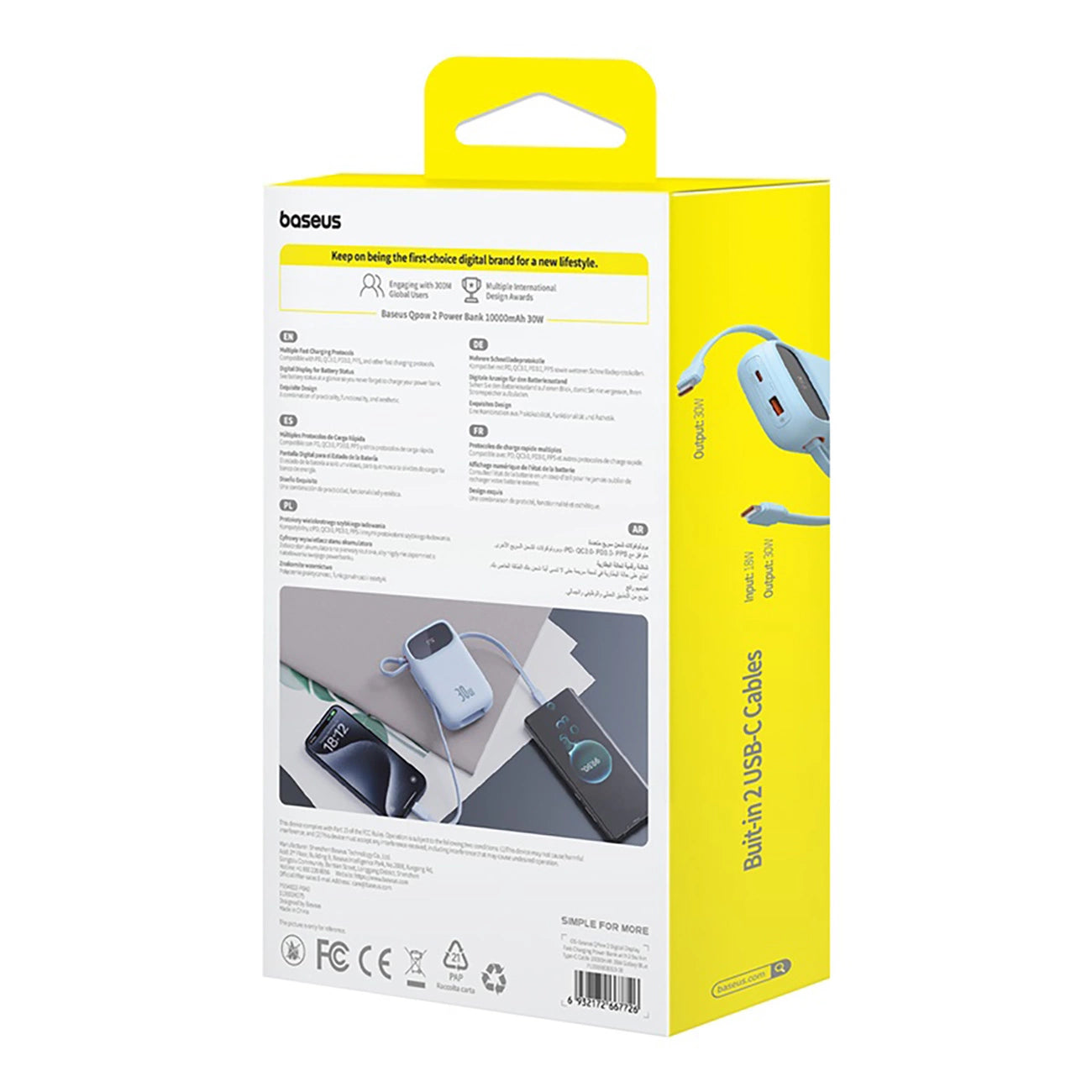 Baseus QPow 2 Powerbank 10.000mAh 30W με Ενσωματωμένα Καλώδια USB-C – Μπλε