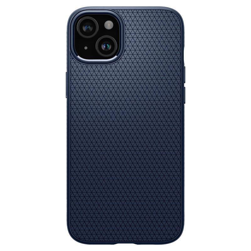 Η θήκη Spigen Liquid Air Case για iPhone 15 Plus σε μπλε χρώμα διαθέτει ένα τριγωνικό σχέδιο με υφή με σύνθεση TPU. Περιλαμβάνει δύο φακούς κάμερας και ένα φλας στην επάνω αριστερή γωνία, χρησιμοποιώντας την τεχνολογία Air Cushion για επιπλέον προστασία, διατηρώντας παράλληλα έναν κομψό, μινιμαλιστικό σχεδιασμό.