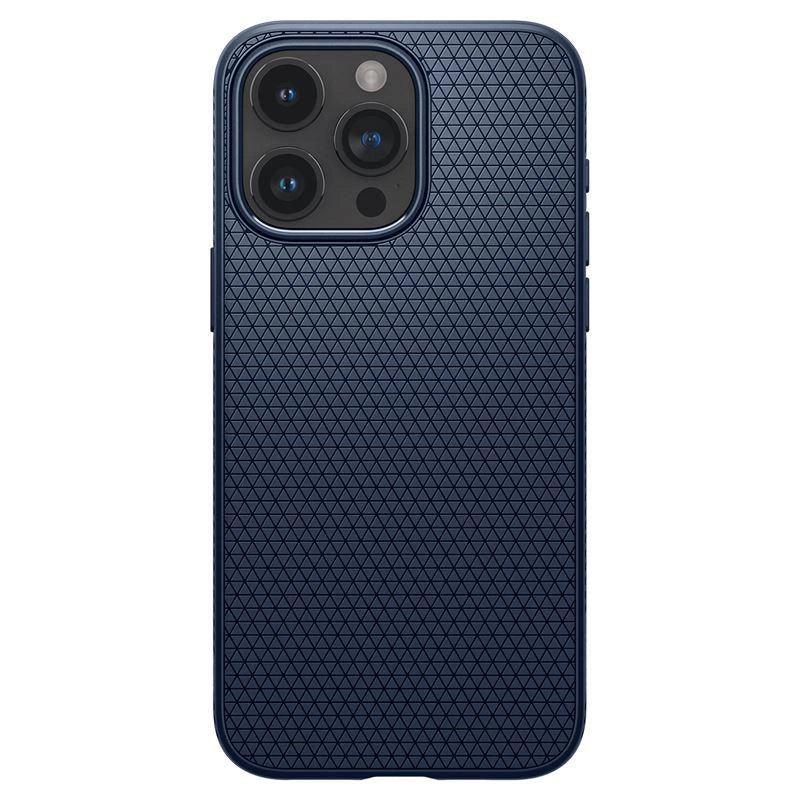 Η θήκη Spigen Liquid Air Case για iPhone 15 Pro Max σε μπλε χρώμα διαθέτει ένα σκούρο μπλε τριγωνικό σχέδιο, προσφέρει προστασία τριπλής κάμερας με τεχνολογία Air Cushion και είναι κατασκευασμένη από ανθεκτικό TPU για βελτιωμένη ανθεκτικότητα.