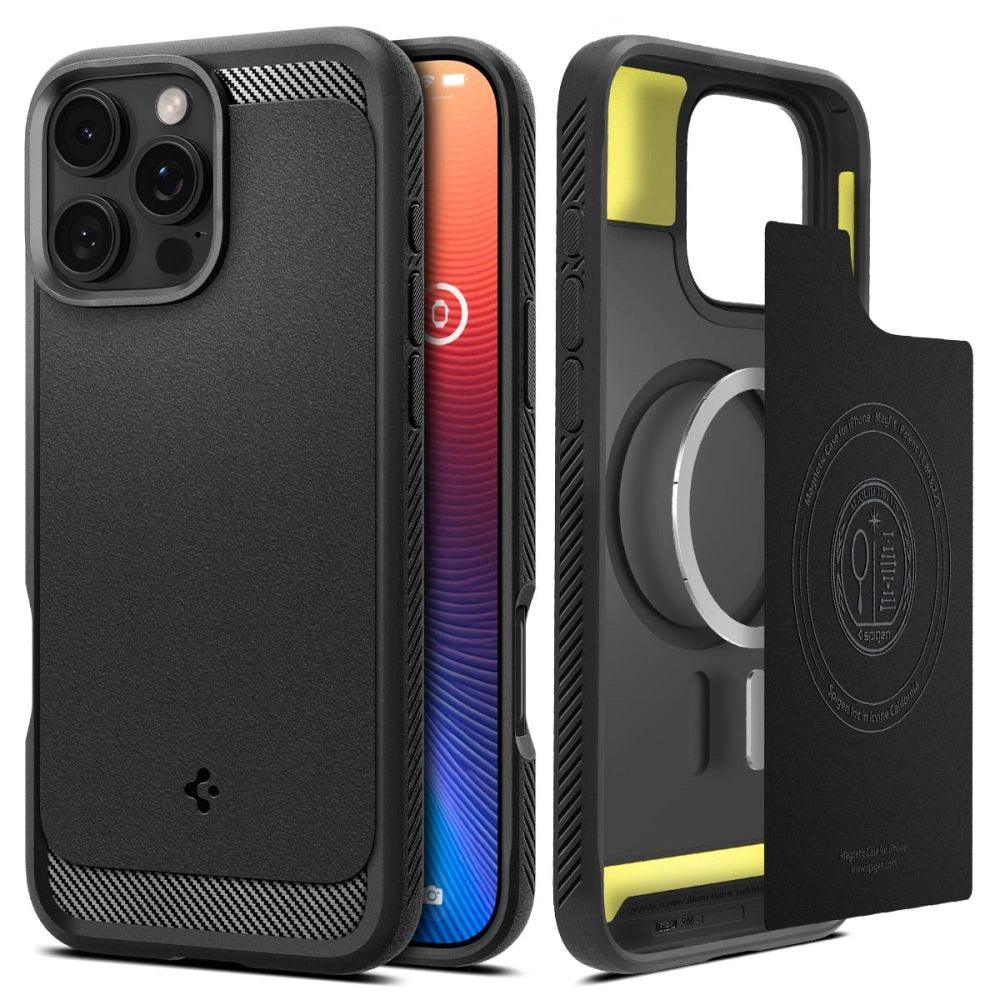 Εμφανίζεται η θήκη Spigen Rugged Armor MagSafe Case για iPhone 16 Pro σε μαύρο χρώμα: η αριστερή όψη τονίζει την πολύχρωμη οθόνη του τηλεφώνου, ενώ η δεξιά όψη αποκαλύπτει την στιβαρή πλάτη και το αποσπώμενο στοιχείο με κυκλικό μαγνητικό σχέδιο συμβατό με MagSafe στο εσωτερικό.