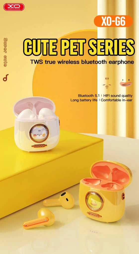 XO G6 TWS Earbuds Bluetooth Handsfree Ακουστικά με Θήκη Φόρτισης Κίτρινα (Pet Series)