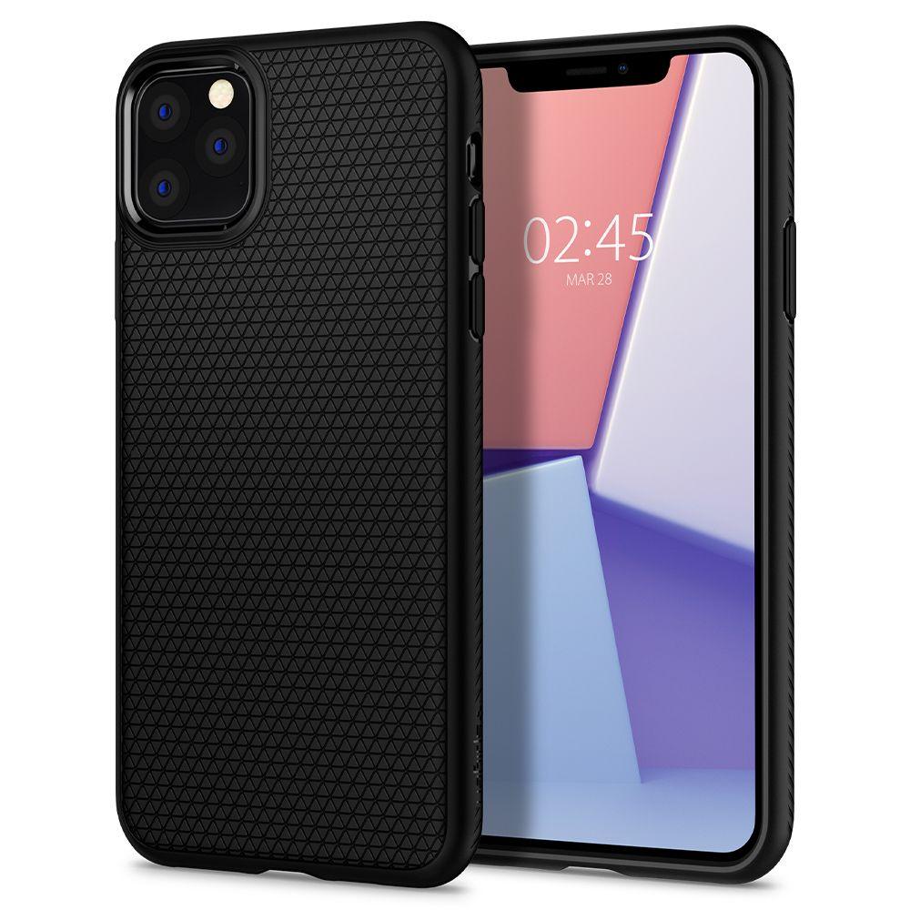Η θήκη Spigen Liquid Air iPhone 11 Pro σε Μαύρο Ματ παρουσιάζει τεχνολογία Air Cushion. Η οθόνη του εμφανίζει 02:45 και 28 Μαρτίου σε ένα ζωντανό γεωγραφικό μοτίβο μπλε, ροζ και λευκού, προσφέροντας προστασία στρατιωτικού επιπέδου με στυλ.