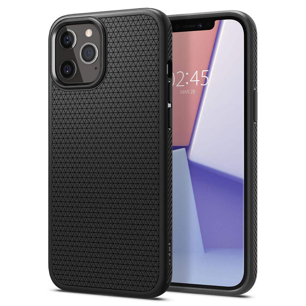 Η θήκη Spigen Liquid Air Case για iPhone 12/12 Pro σε μαύρο ματ χρώμα διαθέτει ένα premium γεωμετρικό μοτίβο ματ TPU, που φαίνεται να στέκεται όρθια σε μια λευκή επιφάνεια. Η οθόνη του εμφανίζει 2:45 και 28 Μαρτίου σε αφηρημένη ταπετσαρία, προσφέροντας προστασία από γρατζουνιές και απορρόφηση κραδασμών.