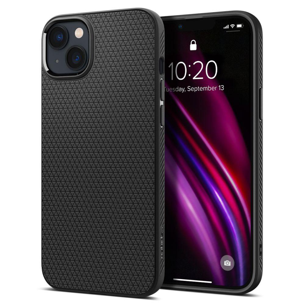 Παρουσιάζεται μια θήκη Spigen Liquid Air Case for iPhone 14 Plus σε Μαύρο Ματ, τονίζοντας την ανθεκτική της κατασκευή. Η οθόνη εμφανίζει τις 10:20 και την Τρίτη 13 Σεπτεμβρίου. Το φόντο διαθέτει αφηρημένες μοβ και ροζ ανοιχτές ραβδώσεις.