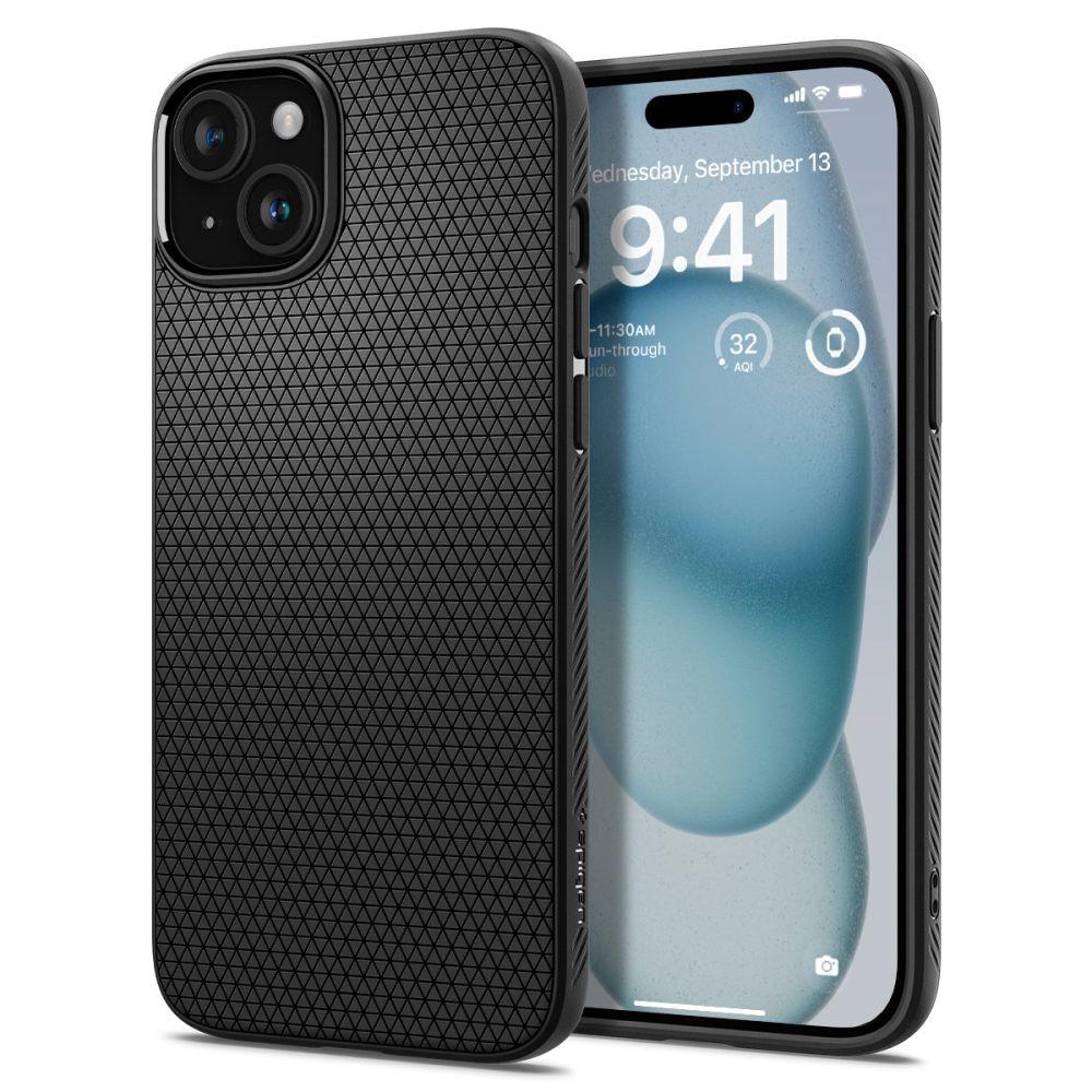 Θήκη Spigen Liquid Air iPhone 15 σε Μαύρο ματ με γεωμετρικό σχέδιο, διαθέτει τεχνολογία Air Cushion. Η οθόνη δείχνει 9:41 και την ημερομηνία, Τετάρτη 13 Σεπτεμβρίου, με διάφορα εικονίδια και γραφικά στοιχεία, συμπεριλαμβανομένου ενός γραφικού στοιχείου καιρού που εμφανίζει 32 μοίρες.