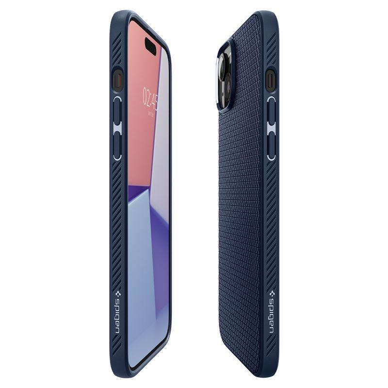 Η θήκη Spigen Liquid Air Case για iPhone 15 Plus, σε μπλε ανάγλυφη TPU, εμφανίζεται από μπροστινή και πλάγια γωνία. Η οθόνη του εμφανίζει ένα μινιμαλιστικό widget χρόνου, με εγκοπές κουμπιών στο πλάι και διαθέτει τεχνολογία Air Cushion. Πληροί τα πρότυπα αντοχής MIL-STD-810G-516.6.