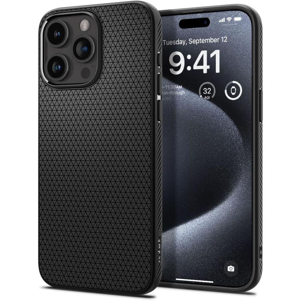 Η θήκη Spigen Liquid Air iPhone 15 Pro σε Μαύρο Ματ προβάλλει το τηλέφωνο από μπροστά και πίσω. Στην οθόνη εμφανίζεται η Τρίτη 12 Σεπτεμβρίου στις 9:41. Η θήκη διαθέτει τριγωνικό σχέδιο και μονάδα κάμερας με τριπλό φακό που προστατεύεται από την τεχνολογία Air Cushion της Spigen για πρόσθετη ανθεκτικότητα.