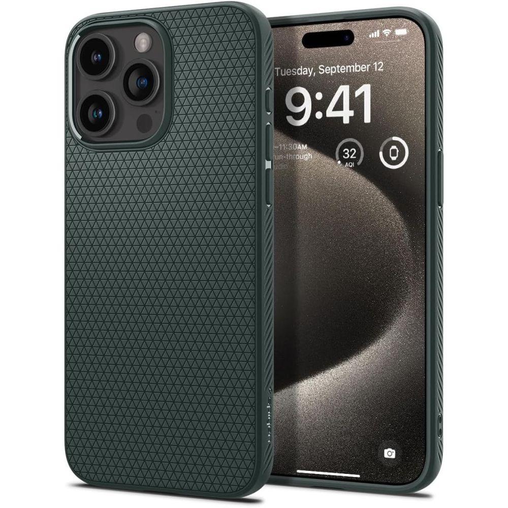Παρουσιάζεται η θήκη Spigen Liquid Air iPhone 15 Pro Max σε σκούρο πράσινο χρώμα, με τεχνολογία Air Cushion. Το iPhone εμφανίζει μια οθόνη κλειδώματος που έχει οριστεί στις 9:41 την Τρίτη 12 Σεπτεμβρίου, συνδυάζοντας τέλεια το στυλ και την προστασία.