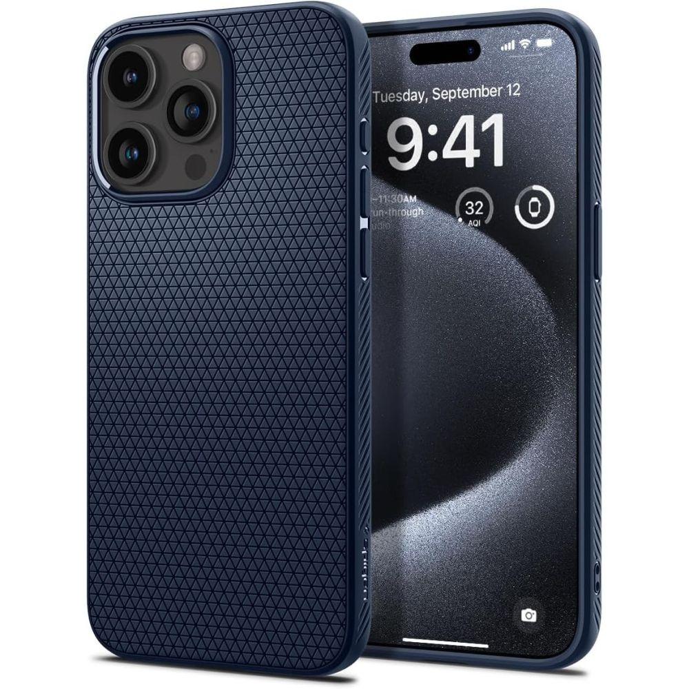 Η θήκη Spigen Liquid Air Case για iPhone 15 Pro, σε μπλε χρώμα, προσφέρει σκληρή κατασκευή και ανθεκτικότητα στρατιωτικής ποιότητας με ανάγλυφη επιφάνεια. Εμφανίζοντας την ένδειξη "Τρίτη, 12 Σεπτεμβρίου" στις "9:41", αυτή η θήκη συμπληρώνει τη μεγάλη οθόνη και τη ρύθμιση τριών καμερών του τηλεφώνου.