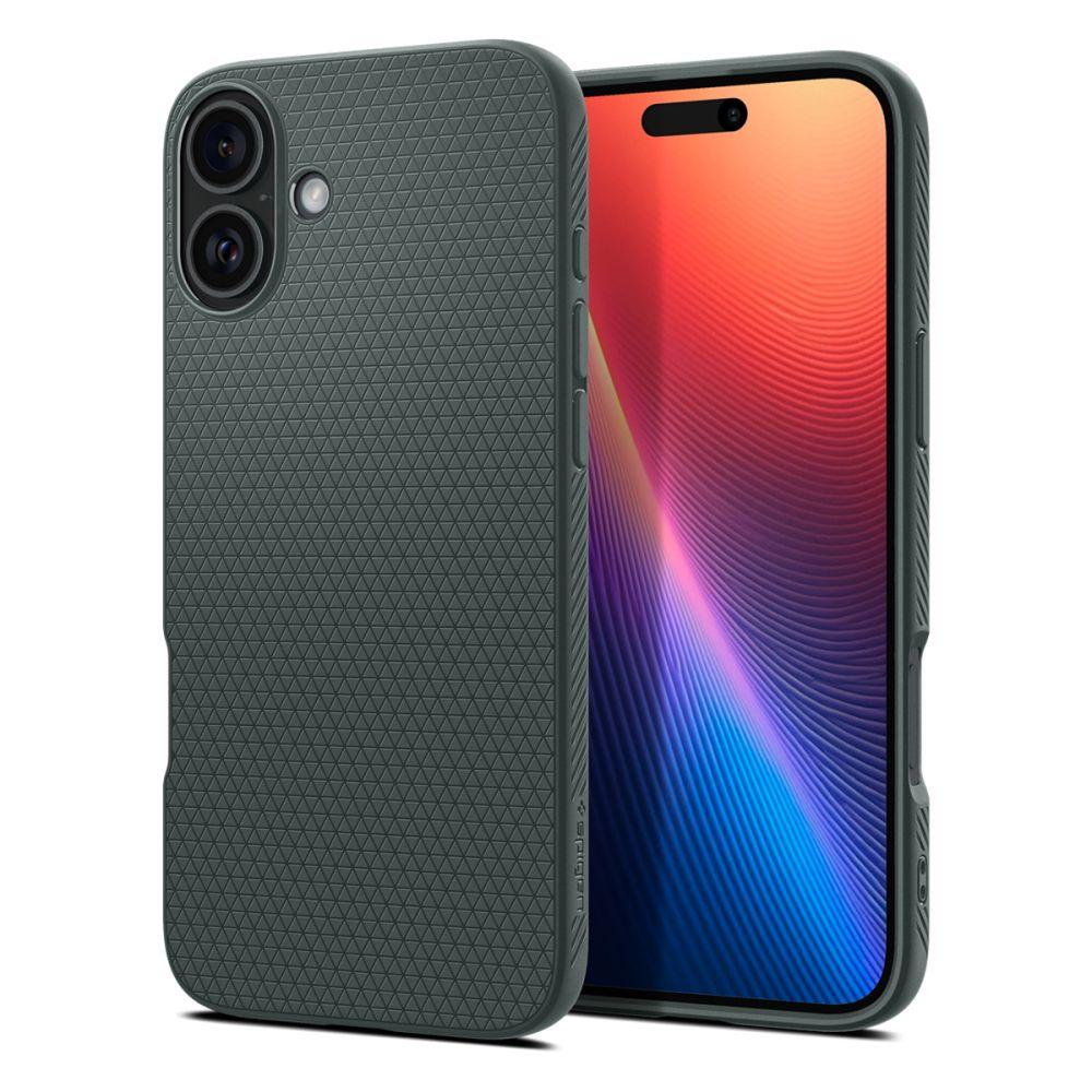 Η θήκη Spigen Liquid Air iPhone 16 σε σκούρο πράσινο χρώμα παρουσιάζεται με premium ματ υφή TPU για βελτιωμένη αντοχή. Διπλές κάμερες κοσμούν το πίσω μέρος, ενώ ένα ντεγκραντέ μοτίβο τονίζει την οθόνη, προσφέροντας κομψή σχεδίαση και ανώτερη προστασία από τις γρατσουνιές.