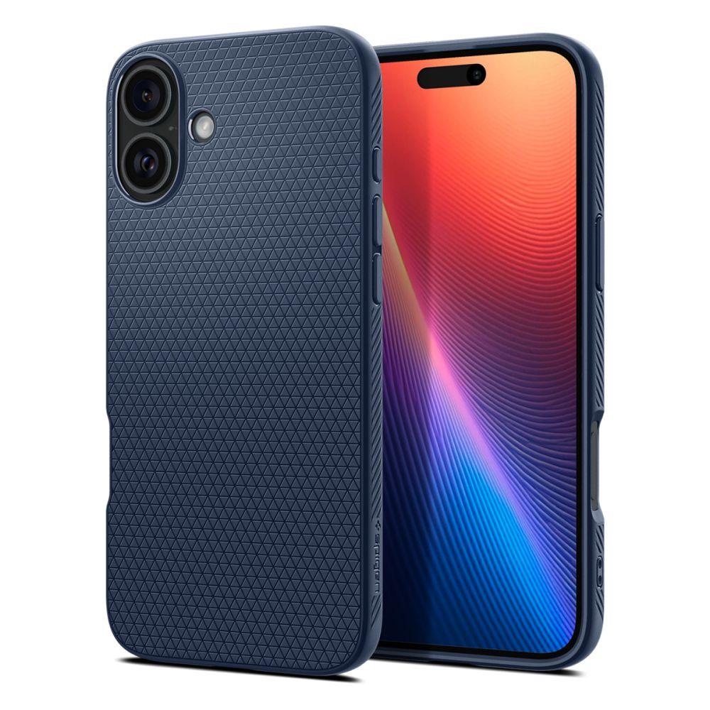 Ένα smartphone, εξοπλισμένο με θήκη Spigen Liquid Air iPhone 16 σε σκούρο μπλε χρώμα, με τριγωνικό σχεδιασμό, τονίζεται με μια πολύχρωμη οθόνη. Το ματ TPU προσφέρει προστασία από γρατζουνιές καθώς εμφανίζεται από μπροστά και πίσω σε λευκό φόντο.