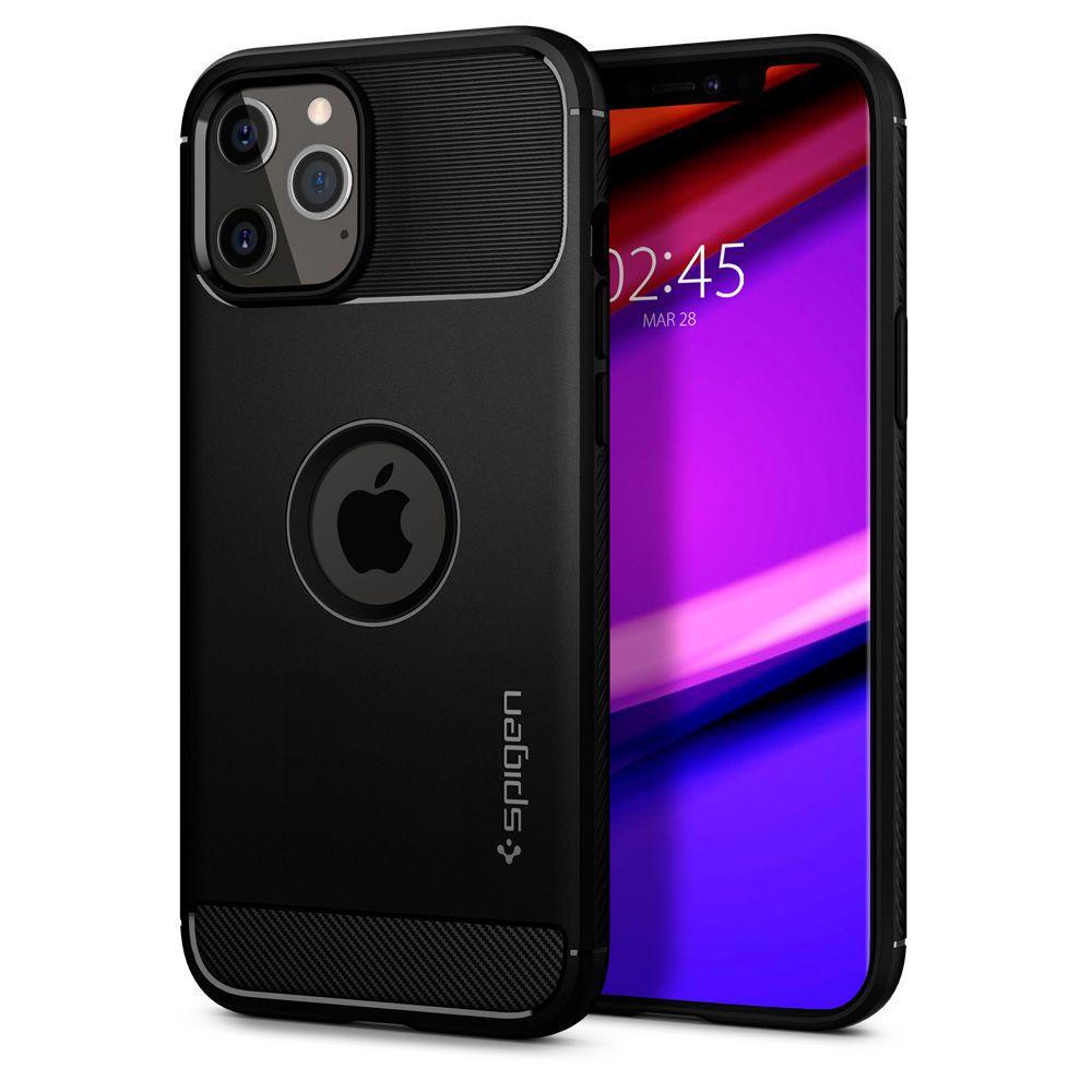 Εμφανίζεται ένα iPhone 12/12 Pro με μαύρη θήκη Spigen Rugged Armor Matte. Η οθόνη εμφανίζει 02:45, 28 Μαρτίου. Στο πίσω μέρος έχει εγκοπή λογότυπου και ρύθμιση τριπλής κάμερας, συμβατή με MagSafe για ευκολία.