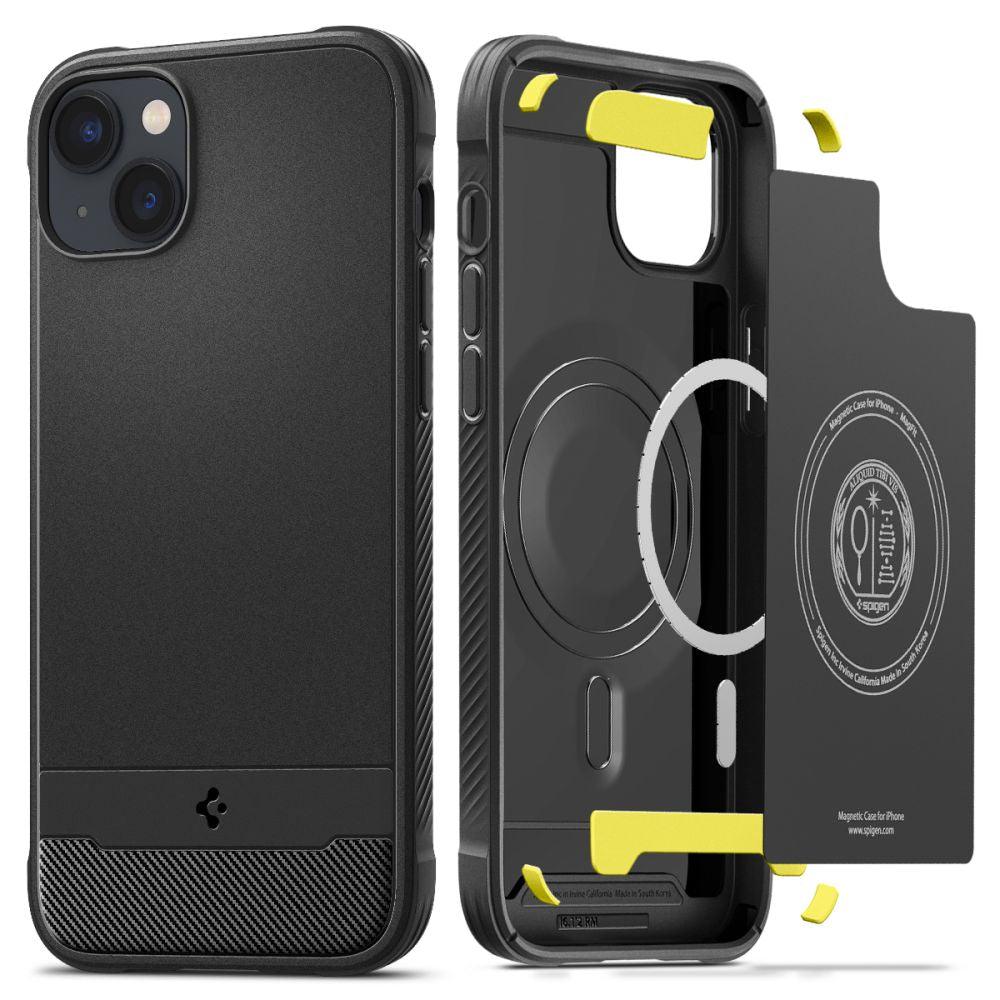 Η θήκη Spigen Rugged Armor Mag Case για iPhone 14 σε Μαύρο Ματ εμφανίζεται σε δύο μέρη: το ένα περιλαμβάνει το τηλέφωνο και το άλλο ως ένα άδειο πίσω κάλυμμα MagSafe με κίτρινες πινελιές και έναν ορατό μαγνητικό δακτύλιο, συνοδευόμενο από ένα ένθετο που μοιάζει με κάρτα.