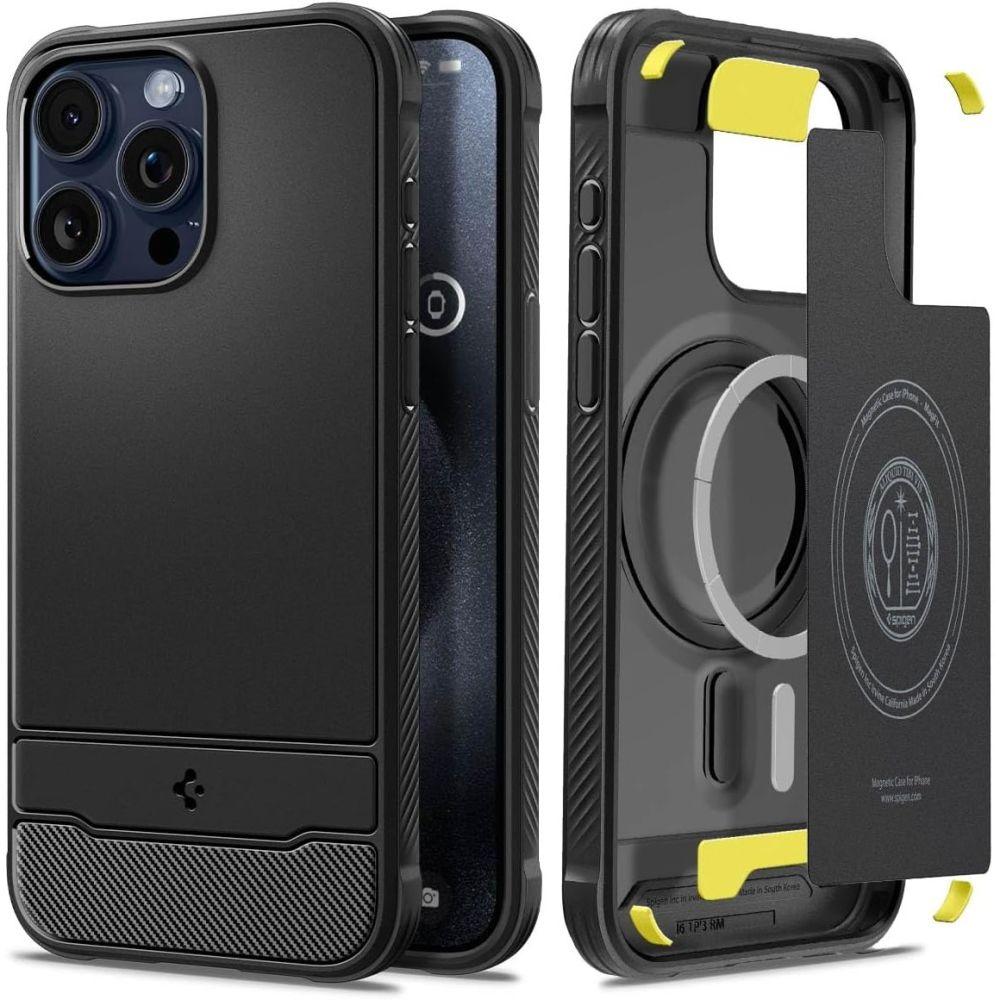 Εμφανίζονται δύο θήκες Spigen Rugged Armor Mag για iPhone 15 Pro σε Μαύρο Ματ. Το ένα τονίζει μια ανάγλυφη πλάτη με εγκοπές κάμερας, ενώ η άλλη αποκαλύπτει ένα εσωτερικό με κίτρινο τόνο, με συμβατότητα MagSafe και μια κάρτα εν μέρει τοποθετημένη στην πίσω υποδοχή.