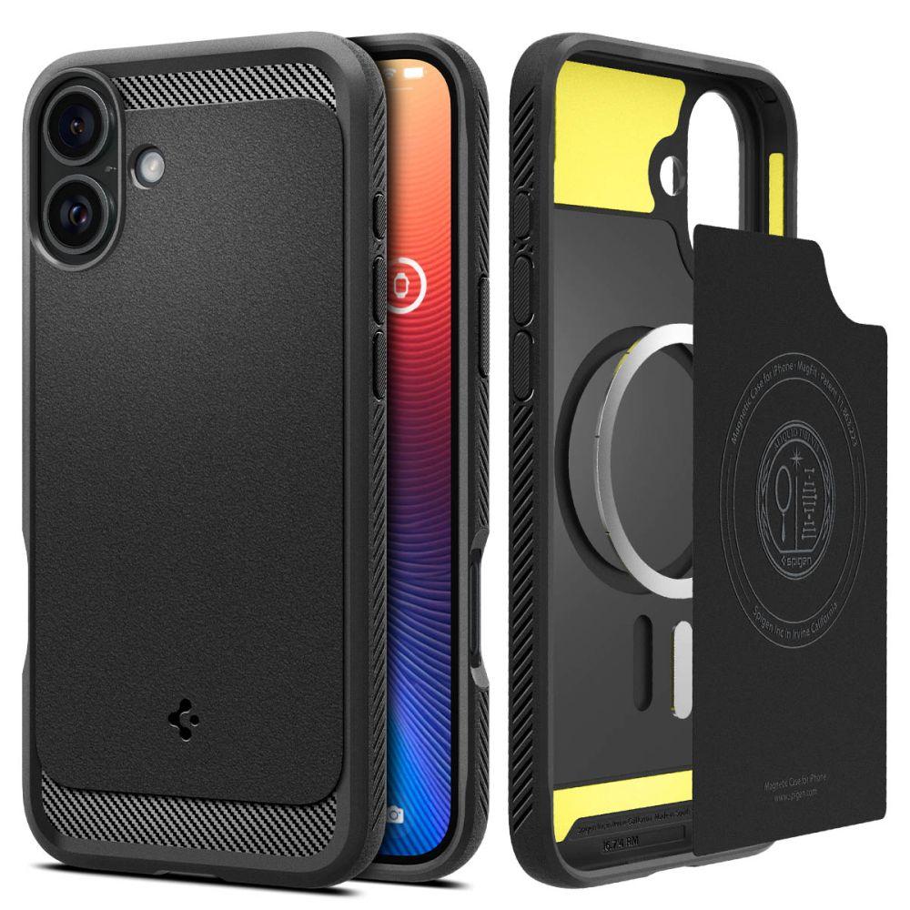 Η Spigen Rugged Armor MagSafe Case για iPhone 16 Plus - Μαύρο εμφανίζεται με ανάγλυφες άκρες. Η μία πλευρά διαθέτει επίπεδη πλάτη με εγκοπές κάμερας. Το άλλο δείχνει μια κίτρινη εσωτερική λεπτομέρεια και δαχτυλίδι MagSafe, που περικλείει ένα iPhone 16 Plus που εμφανίζει μια πολύχρωμη οθόνη και σύμβολο κλειδώματος.