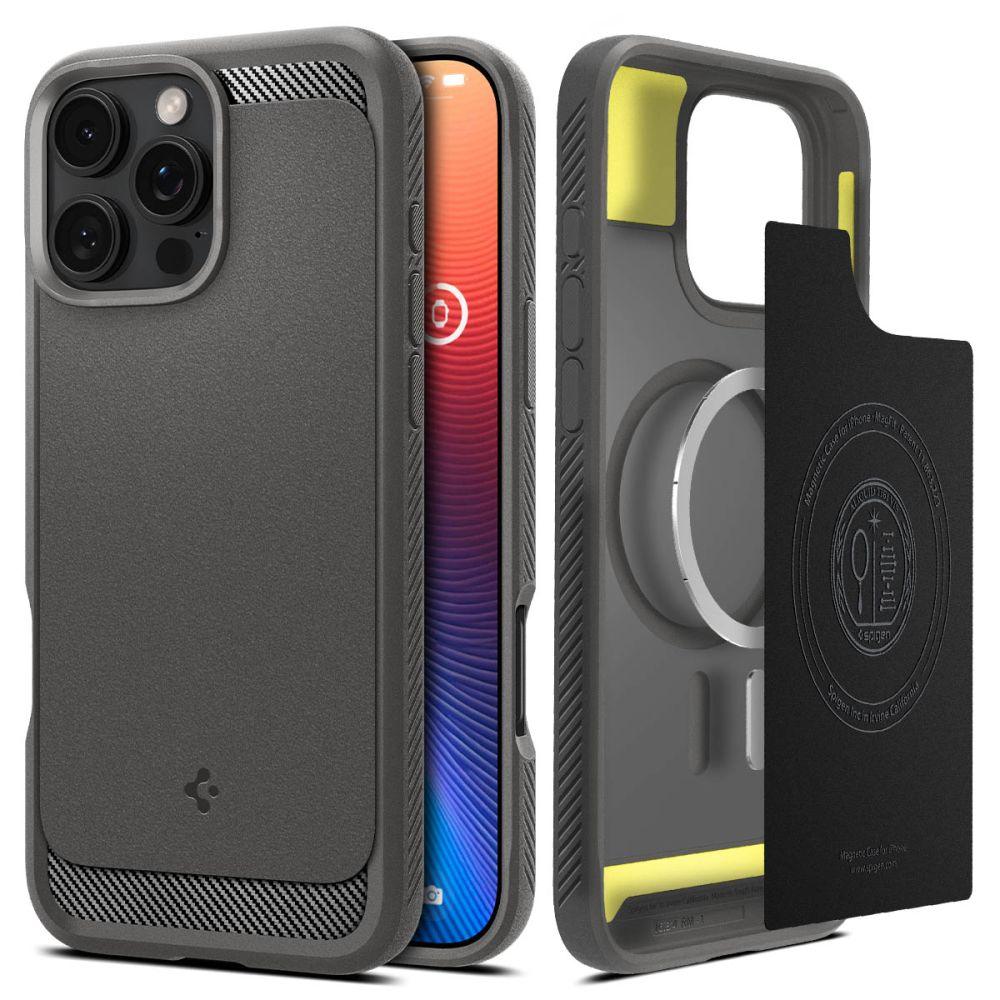 Η θήκη Spigen Rugged Armor MagSafe για iPhone 16 Pro σε γκρι χρώμα διαθέτει στιβαρό σχεδιασμό με ανάγλυφη λαβή και κυκλική εγκοπή. Στο εσωτερικό, υπάρχει μια κίτρινη προφορά και χώρος για τη μαγνητική σας βάση φόρτισης. Εμφανίζεται με και χωρίς το τηλέφωνο.