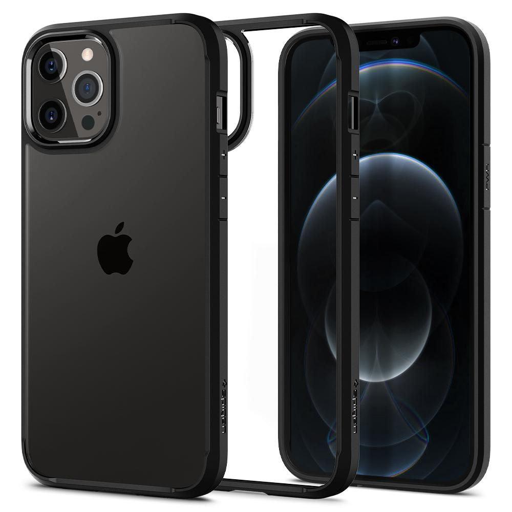 Η Spigen Ultra Hybrid Case για iPhone 12/12 Pro, σε Μαύρο Ματ, παρουσιάζει ένα iPhone με μαύρη πλάτη και το λογότυπο της Apple. Στο μπροστινό μέρος εμφανίζεται μια σκοτεινή οθόνη με γαλάζιους ομόκεντρους κύκλους. Αυτή η θήκη προσφέρει προστασία από πτώσεις και είναι συμβατή με ασύρματη φόρτιση.