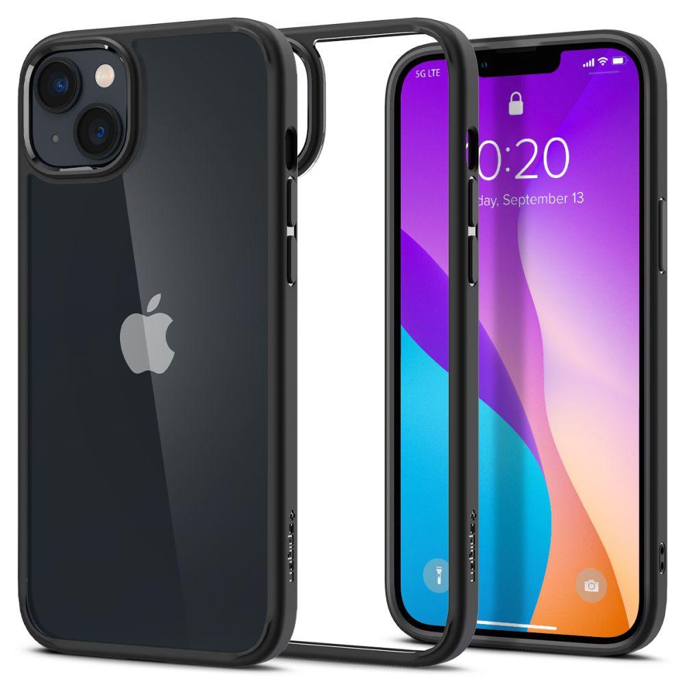 Εμφανίζεται η θήκη Spigen Ultra Hybrid iPhone 14 Plus σε Μαύρο Ματ, που προσφέρει προστασία από πτώσεις. Στην οθόνη εμφανίζεται μια πολύχρωμη ταπετσαρία που έχει οριστεί σε 10:20. Η ρύθμιση της διπλής κάμερας και το λογότυπο της Apple είναι ορατά, διασφαλίζοντας ότι είναι κομψό και συμβατό με ασύρματη φόρτιση.