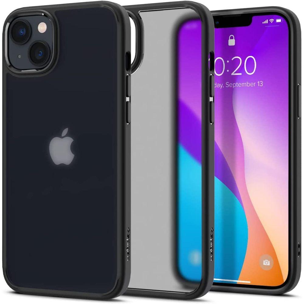 Εμφανίζεται ένα Spigen Ultra Hybrid iPhone 14 Plus σε Μαύρη Ματ θήκη. Η οθόνη δείχνει ένα πολύχρωμο φόντο με την ώρα "10:20" και την ημερομηνία "Τρίτη, 13 Σεπτεμβρίου". Το πίσω μέρος έχει λογότυπο apple και υποστηρίζει ασύρματη φόρτιση για εύκολη ενεργοποίηση.