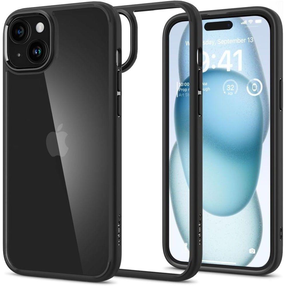 Η θήκη Spigen Ultra Hybrid iPhone 15 σε Μαύρο Ματ είναι μια καθαρή θήκη με μαύρο προφυλακτήρα, σχεδιασμένη για ασύρματη φόρτιση. Εμφανίζεται μπροστά και πίσω. το μπροστινό μέρος δείχνει την ώρα, ενώ το πίσω αποκαλύπτει το λογότυπο της Apple. Κατασκευασμένο από ανθεκτικό πλαστικό & σιλικόνη της Spigen.