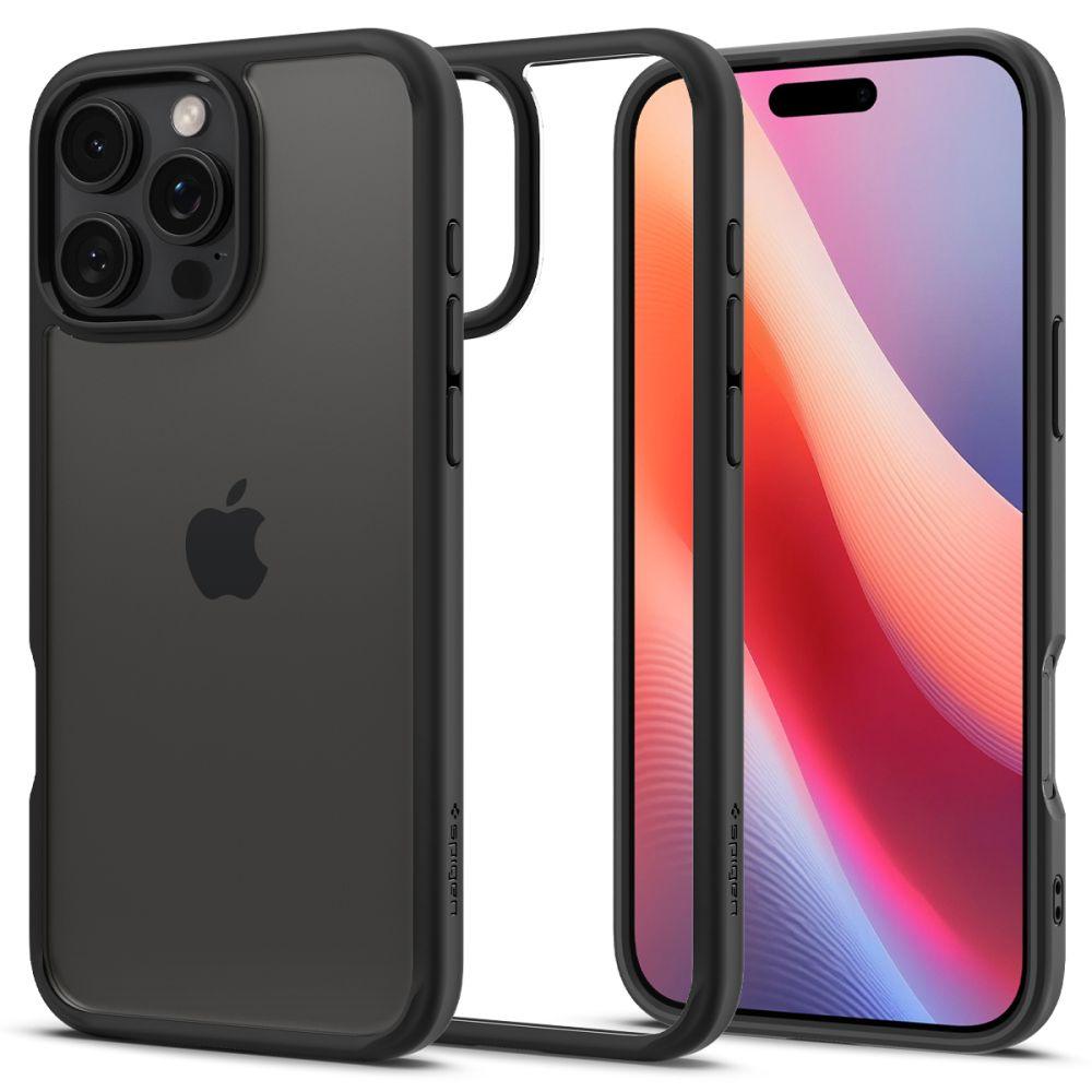 Τρεις όψεις ενός iPhone 16 Pro Max με Spigen Ultra Hybrid Case σε Μαύρο Ματ: το μπροστινό μέρος δείχνει μια πολύχρωμη οθόνη, το πίσω μέρος αποκαλύπτει το λογότυπο και την κάμερα της Apple και μια ξεχωριστή προβολή τονίζει την προστασία της θήκης και την συμβατότητά της με την ασύρματη φόρτιση.