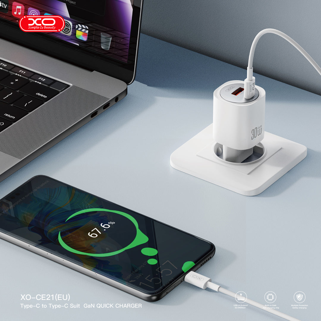 XO Wall Charger CE21 (1xUSB-A, 1x USB-C) 30W - Φορτιστής Ταχείας Φόρτισης Τοίχου Ταξιδίου με καλώδιο USB-C / USB-C