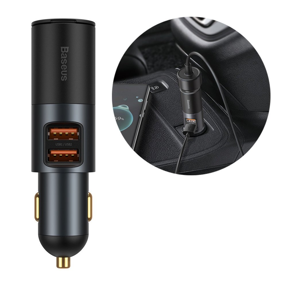 Baseus - Car Charger Share Together (CCBT-D0G/C00034800817-Z1) - Cigarette Lighter Expansion, 2xUSB-A, QC 3.0 120W - Gray