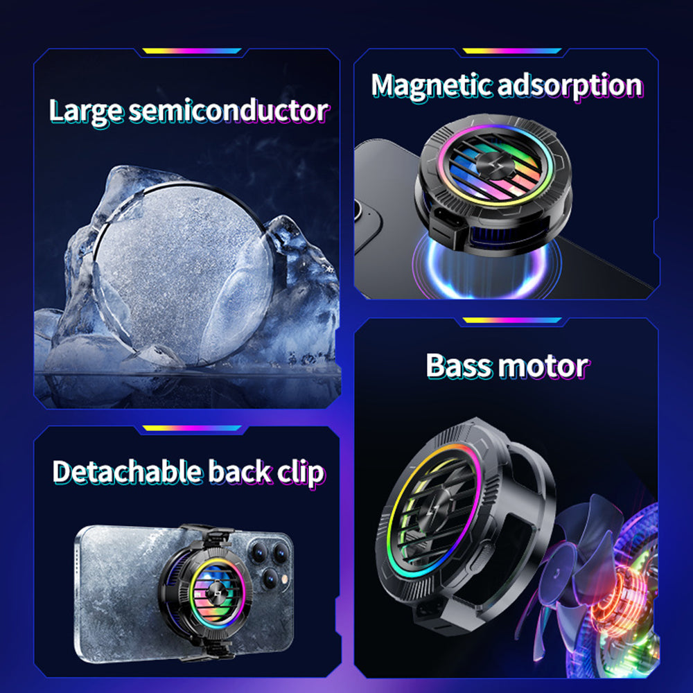Techsuit - Phone Cooler (P66) - Magnetic, with RGB Lights, Detachable Clip, for iOS and Android - Black