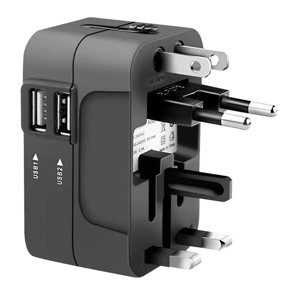 Techsuit - Travel Adapter (HHT202) - 2 x USB, EU, UK, AUS, US - Black