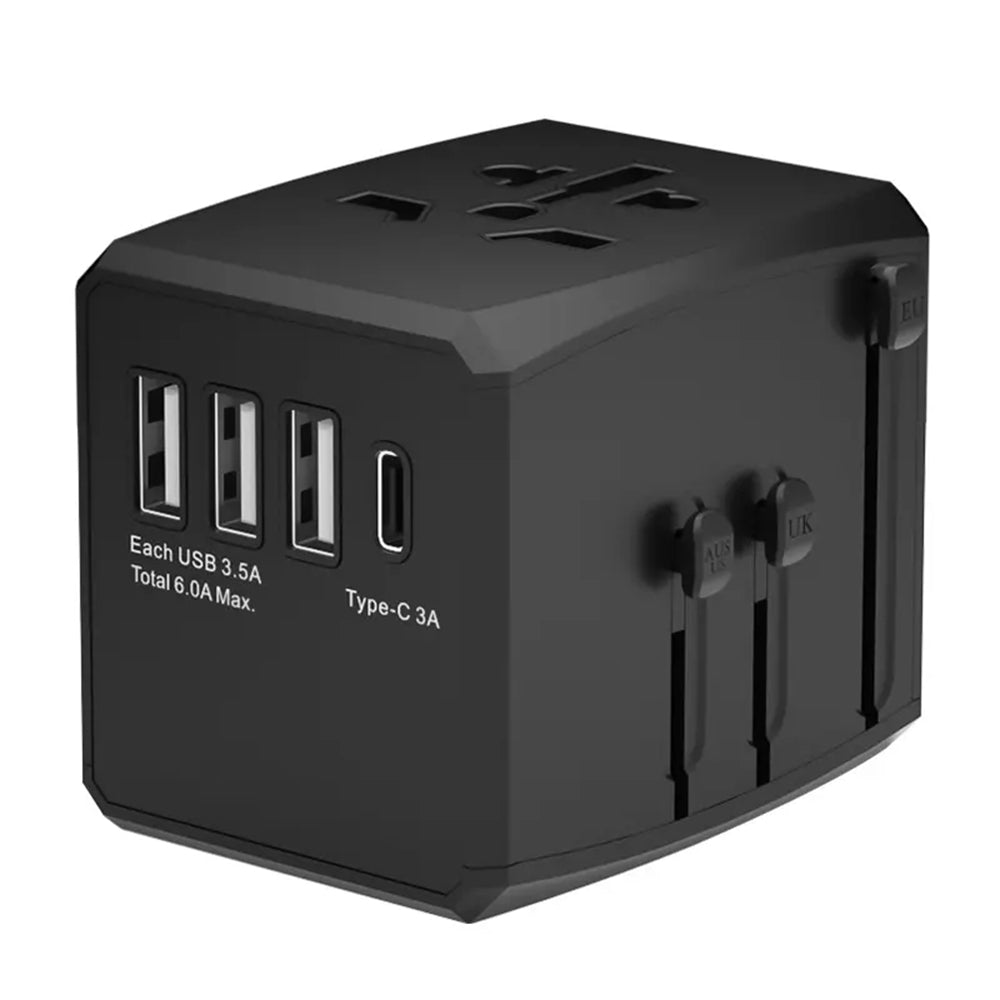 Techsuit - Travel Adapter (HHT904-B3) - PD30W, 3 x USB, Type-C, EU, UK, AUS, US - Black