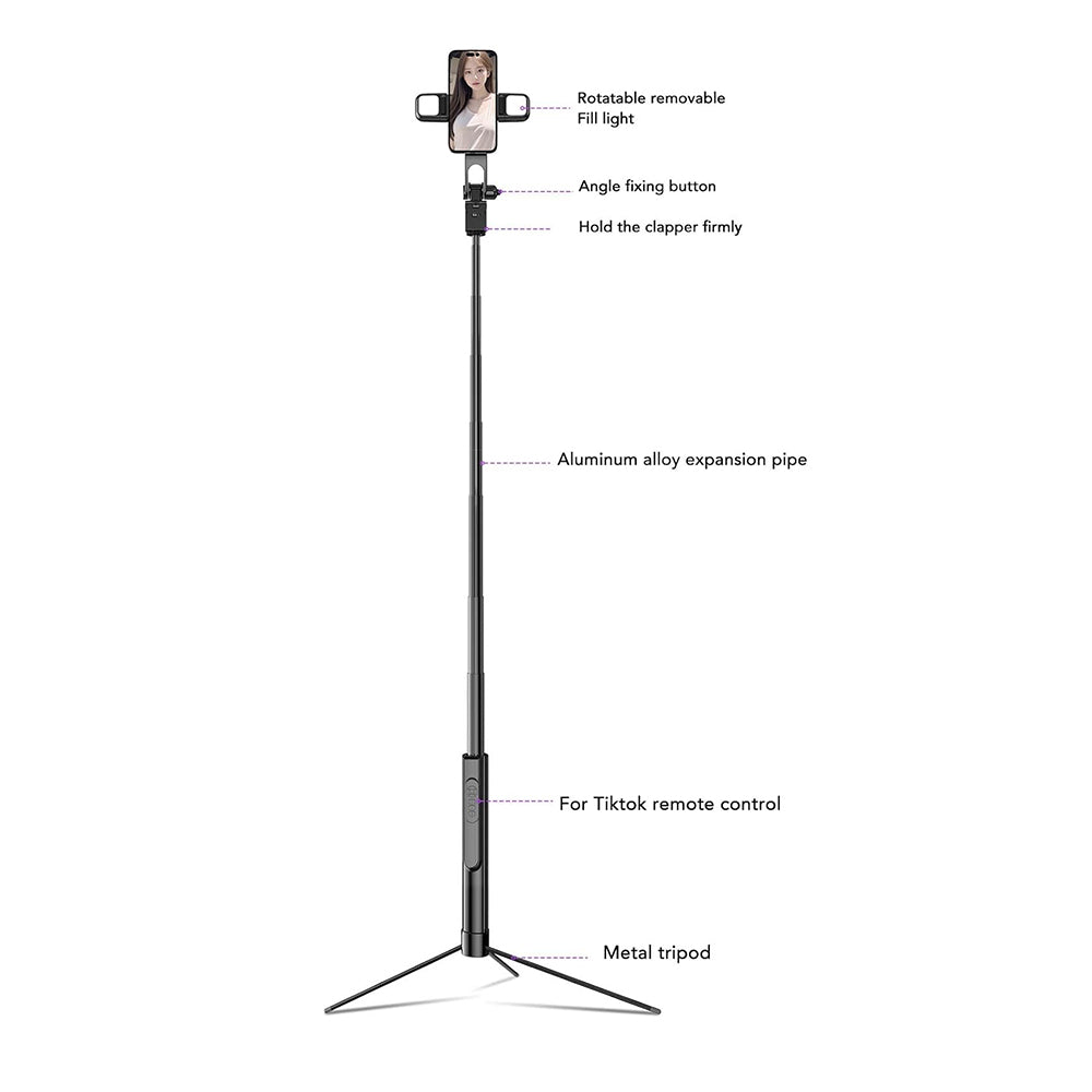 Techsuit - Selfie Stick (K30S) - Compact Tripod Mount, Bluetooth Remote Control, Double LED Light, Foldable, 167cm - Black