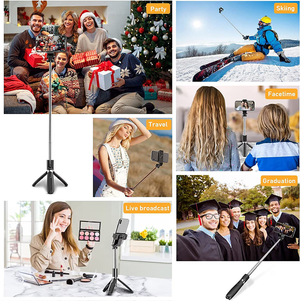Techsuit - Selfie Stick (L02) - Stable Tripod with Bluetooth Remote Control, GoPro Compatible, 360 Rotation, 100cm - Black