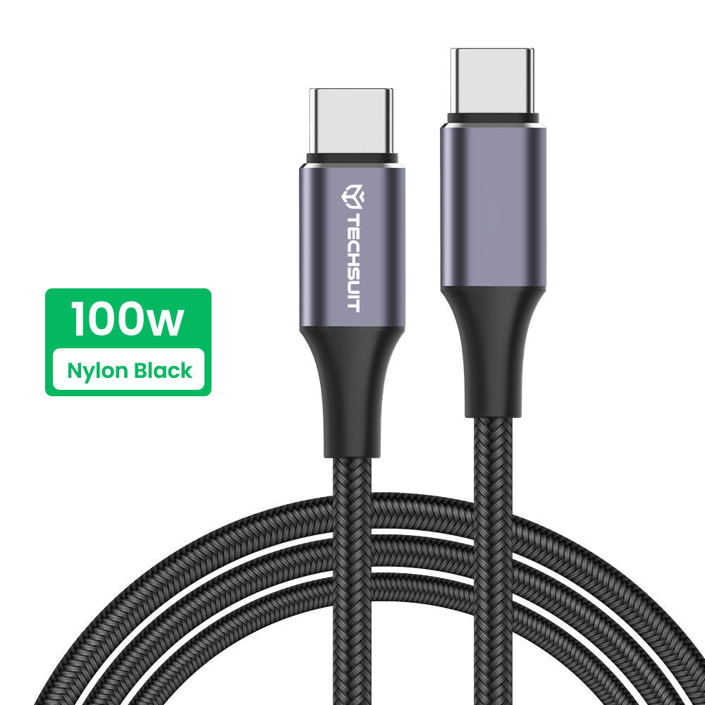 Techsuit - Data Cable (PCB018) - Type-C to Type-C, Super Fast Charging, PD100W, 480Mbps, Nylon, Aluminum Alloy, 1m - Black