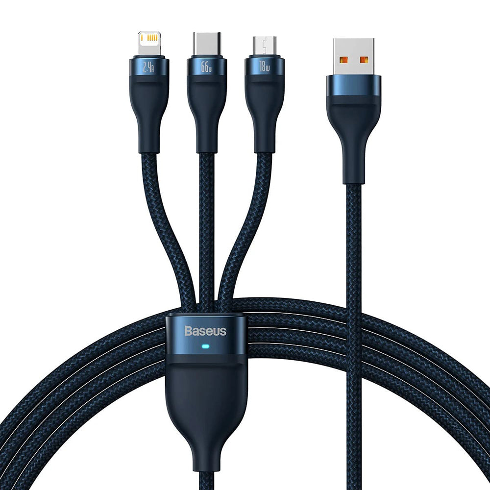 Baseus - Data Cable Flash Series 2 (CASS040003) - Fast Charge, USB to Type-C, Lightning, Micro-USB, 66W, 1.2 m - Blue
