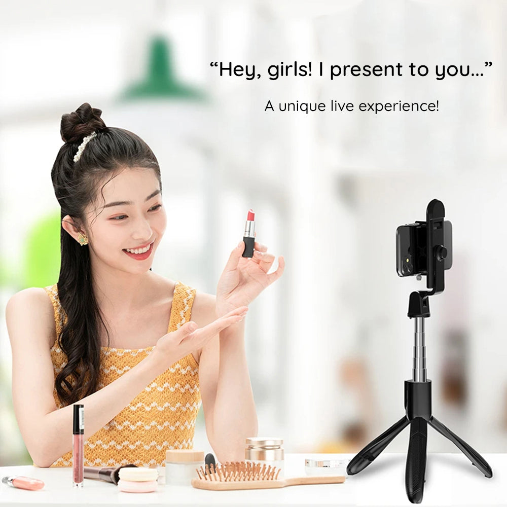 Techsuit - Selfie Stick (S01-S) - Compact Tripod Mount with Bluetooth Remote Control, LED Fill Light, Foldable, 70cm - Black