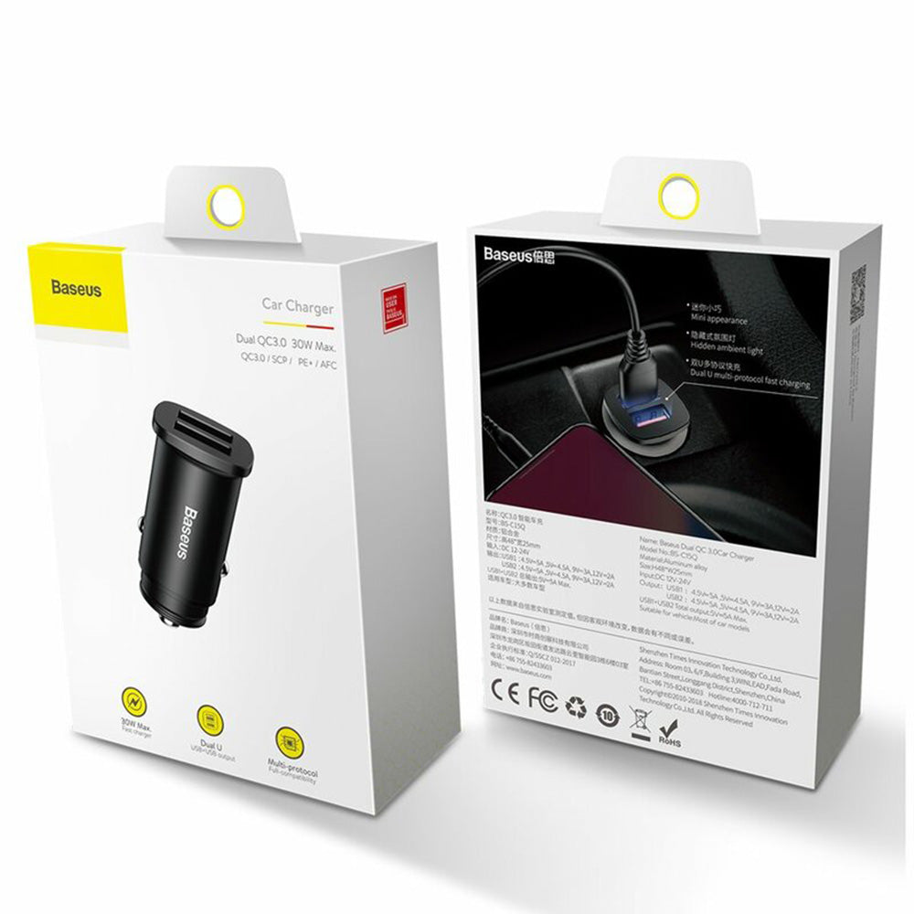 Baseus - Car Charger Square Metal Series (CCALL-DS01) - 2x USB, Quick Charge 3.0, SCP, AFC, 30W - Black