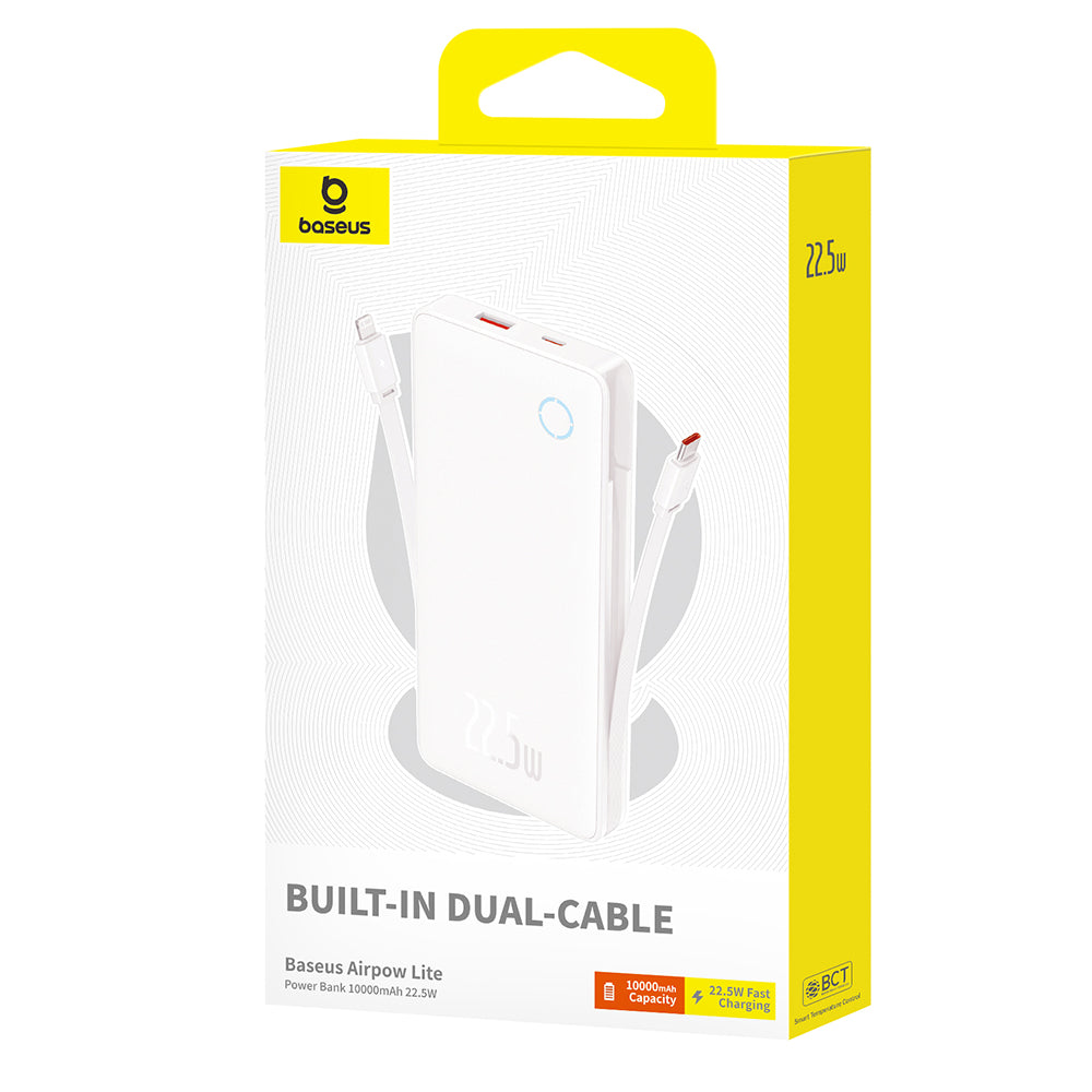 Baseus - Power Bank Airpow Air Lite (P10067501213-00) - USB, Type-C, Dual Cable USB-C, Lightning, 22.5W, 10000mAh - White