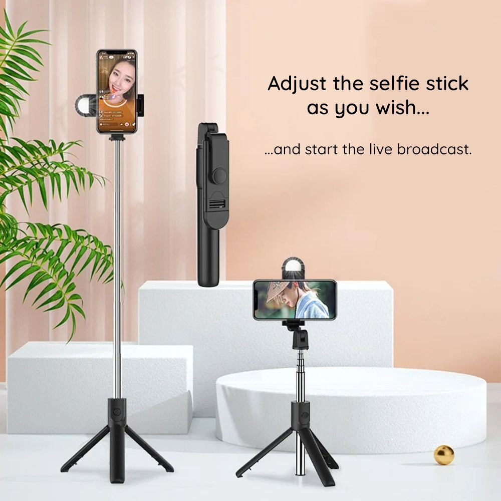 Techsuit - Mini Selfie Stick (S05-S) - Compact Tripod Mount with Bluetooth Remote Control, LED Light, Foldable, 105cm - Black