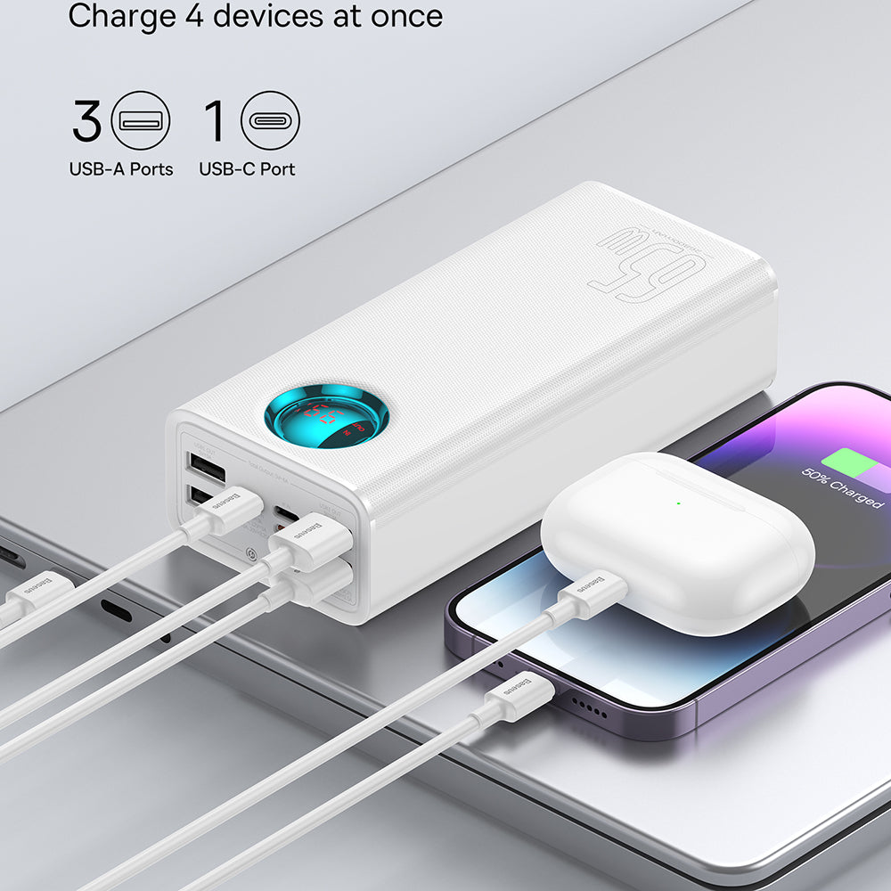 Baseus - Power Bank (P10022402223-00) - 4x USB, Type-C, Lighting, Micro-USB, Fast Charge, 65W, 26800mAh, Cable USB-C - White