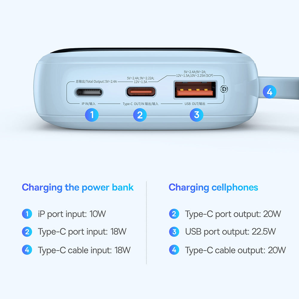 Baseus - Power Bank Qpow Pro+ (P10067101313-00) - Lightning, 2x Type-C, USB, 22.5W, 10000mAh, Cable Type-C - Blue