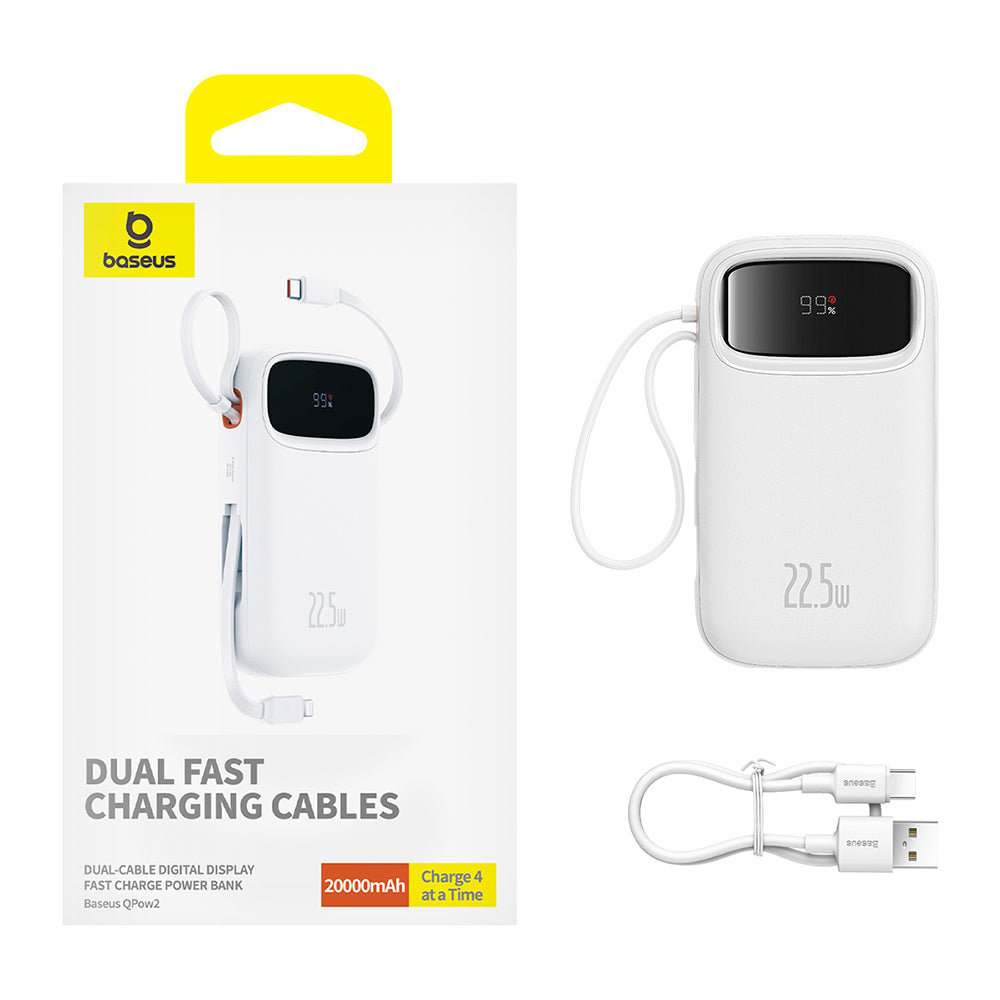 Baseus - Power Bank Qpow Pro+ (P10055002223-00) - Lightning, 2x Type-C, USB, 22.5W, 20000mAh, Cable Type-C, 30cm - White